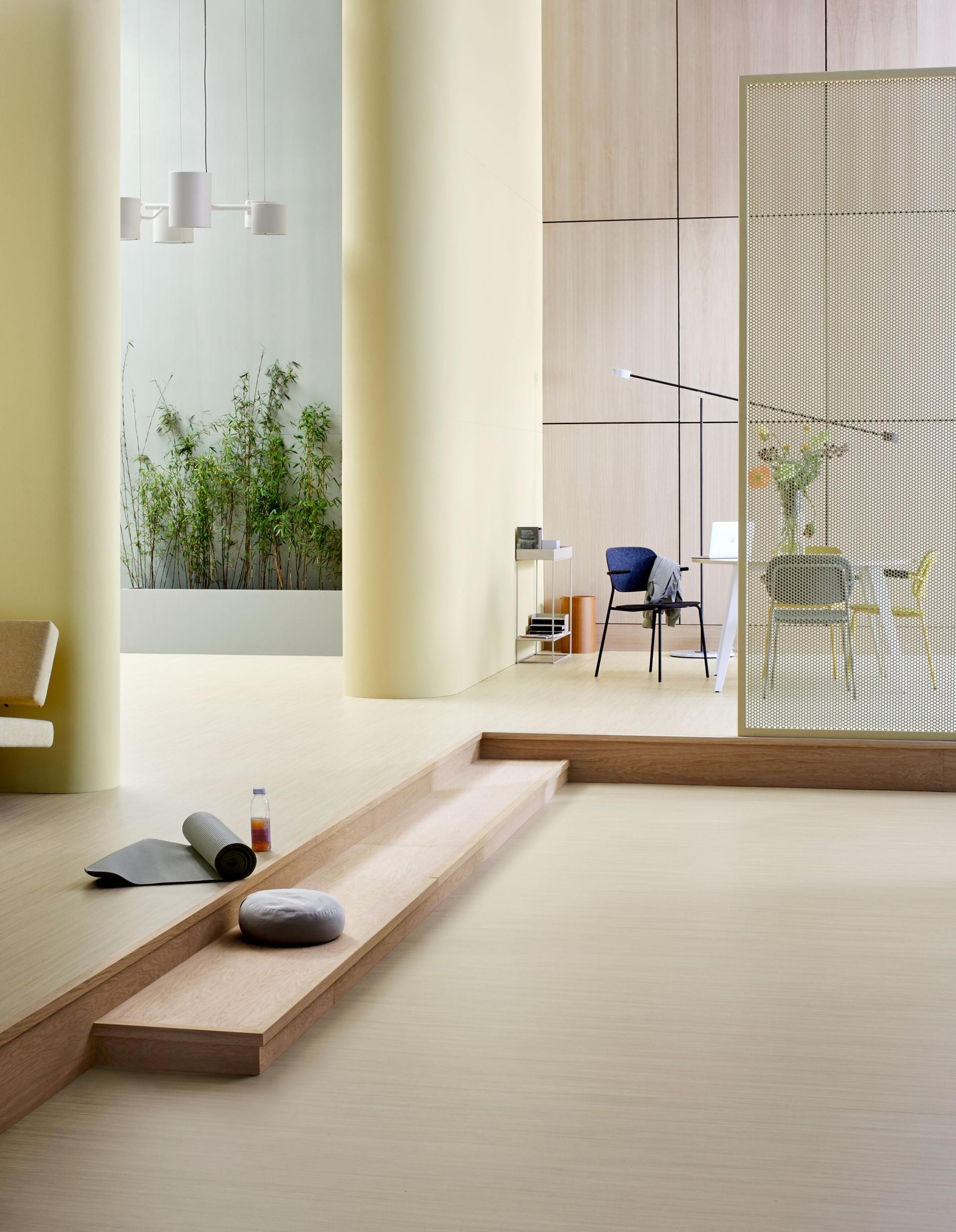 Modern interior space featuring Forbo’s Marmoleum Linear flooring, natural light, and minimalist furniture, promoting comfort and tranquility.