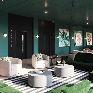 Modern lounge area in Holland Park, featuring green sofas and vibrant artwork, designed for community living in Glasgow.