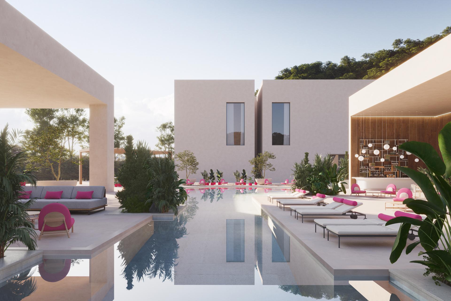 Modern architectural design featuring a vibrant pool area with pink-accented seating and lush greenery, showcasing color collaboration.