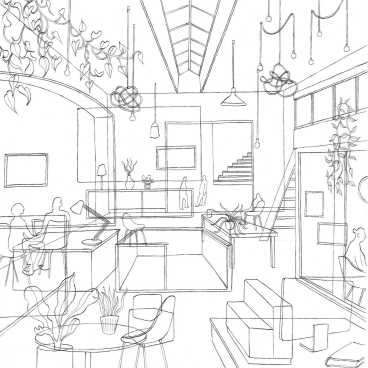 Modern office interior design sketch, emphasizing open spaces and plant integration for a future workplace.