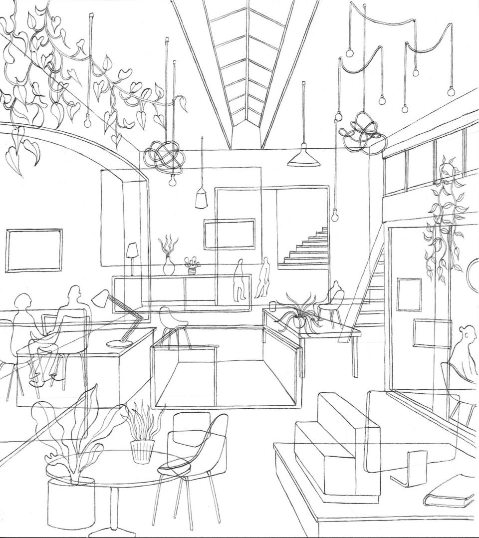Modern office interior design sketch, emphasizing open spaces and plant integration for a future workplace.