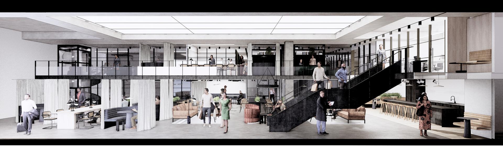 Modern interior design featuring a spacious, multi-level communal area with people engaging in various activities.