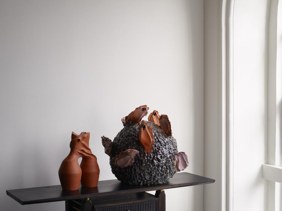 Contemporary ceramic sculptures displayed at Collect 2023, showcasing innovative designs and craftsmanship at Somerset House.