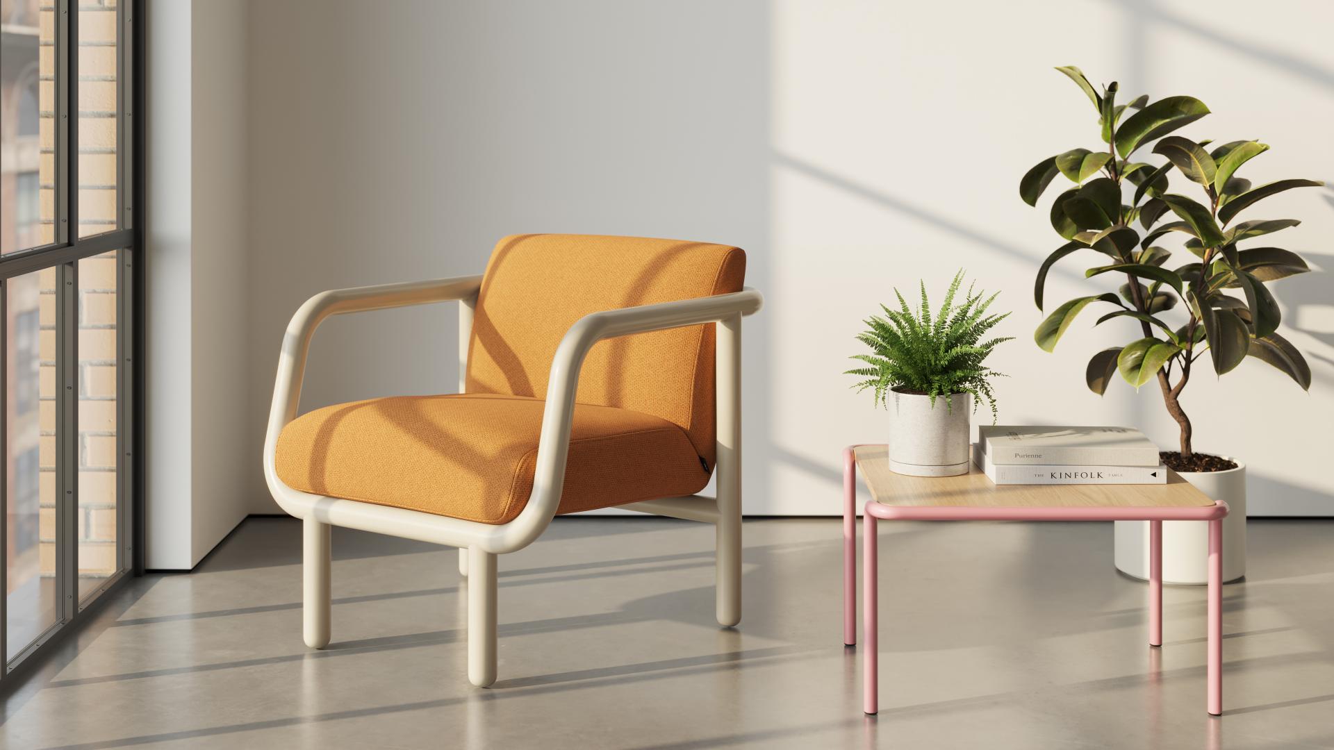 Bold mid-century inspired lounge chair in orange upholstery, paired with a stylish pink side table and indoor plants.