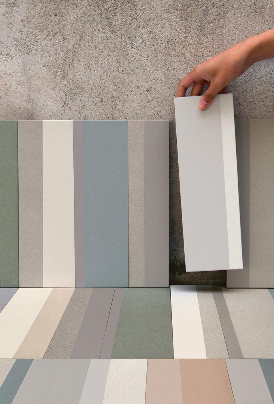 Piano tile collection showcasing various textured tiles in muted colors, designed for contemporary interiors by Mutina.