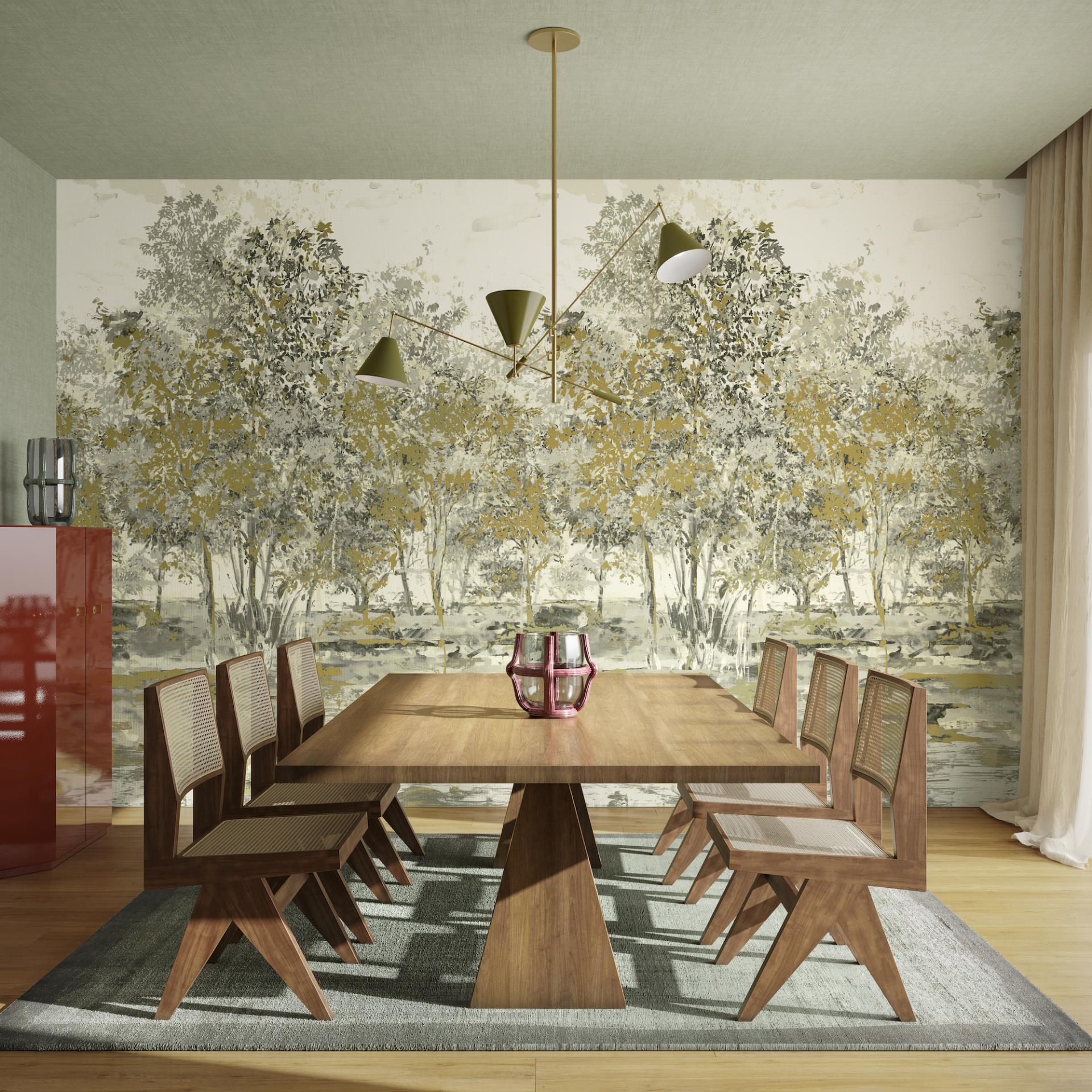 Elegant dining room featuring Arte's autumnal wallcovering, showcasing a natural landscape in muted tones, complemented by modern furnishings.