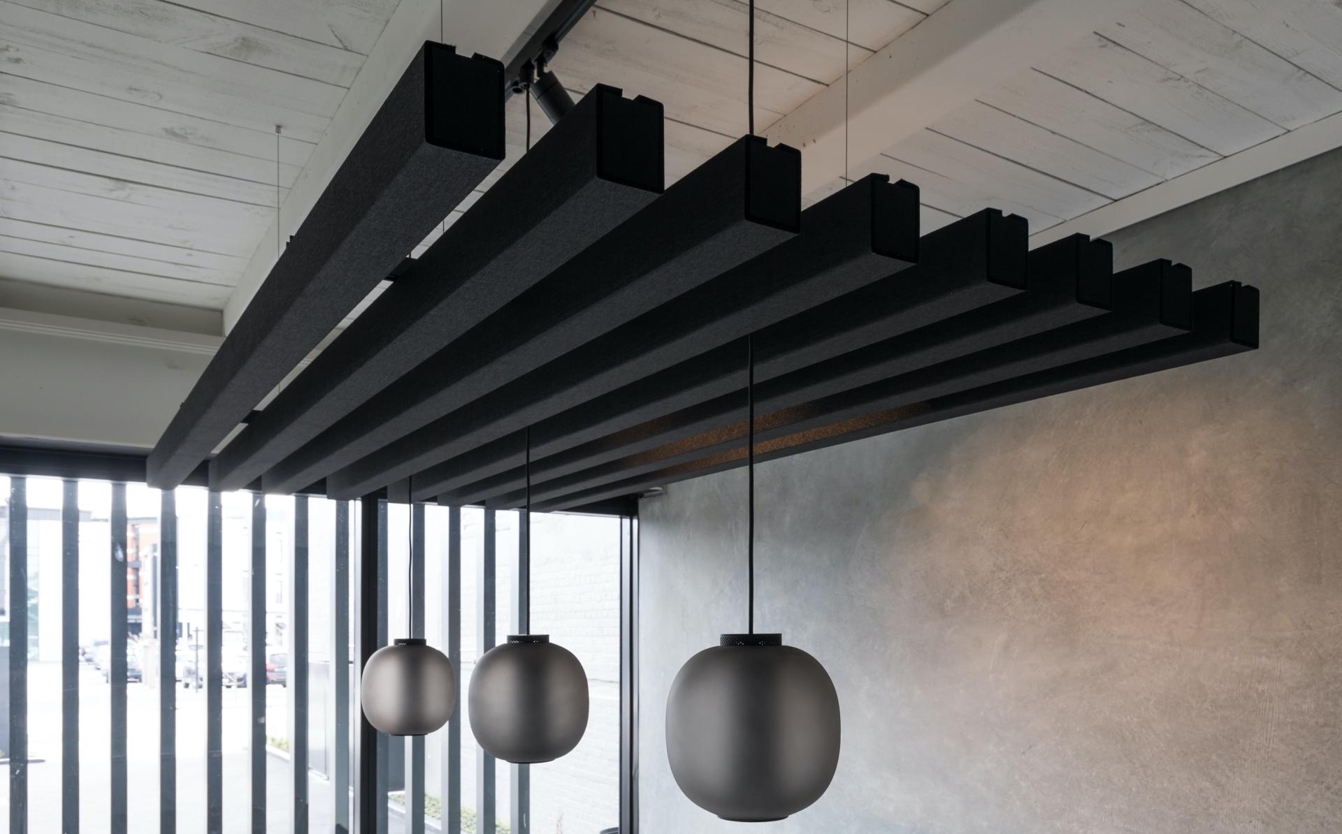 Modern interior featuring acoustic panels and stylish pendant lights in a contemporary setting, highlighting design innovation.