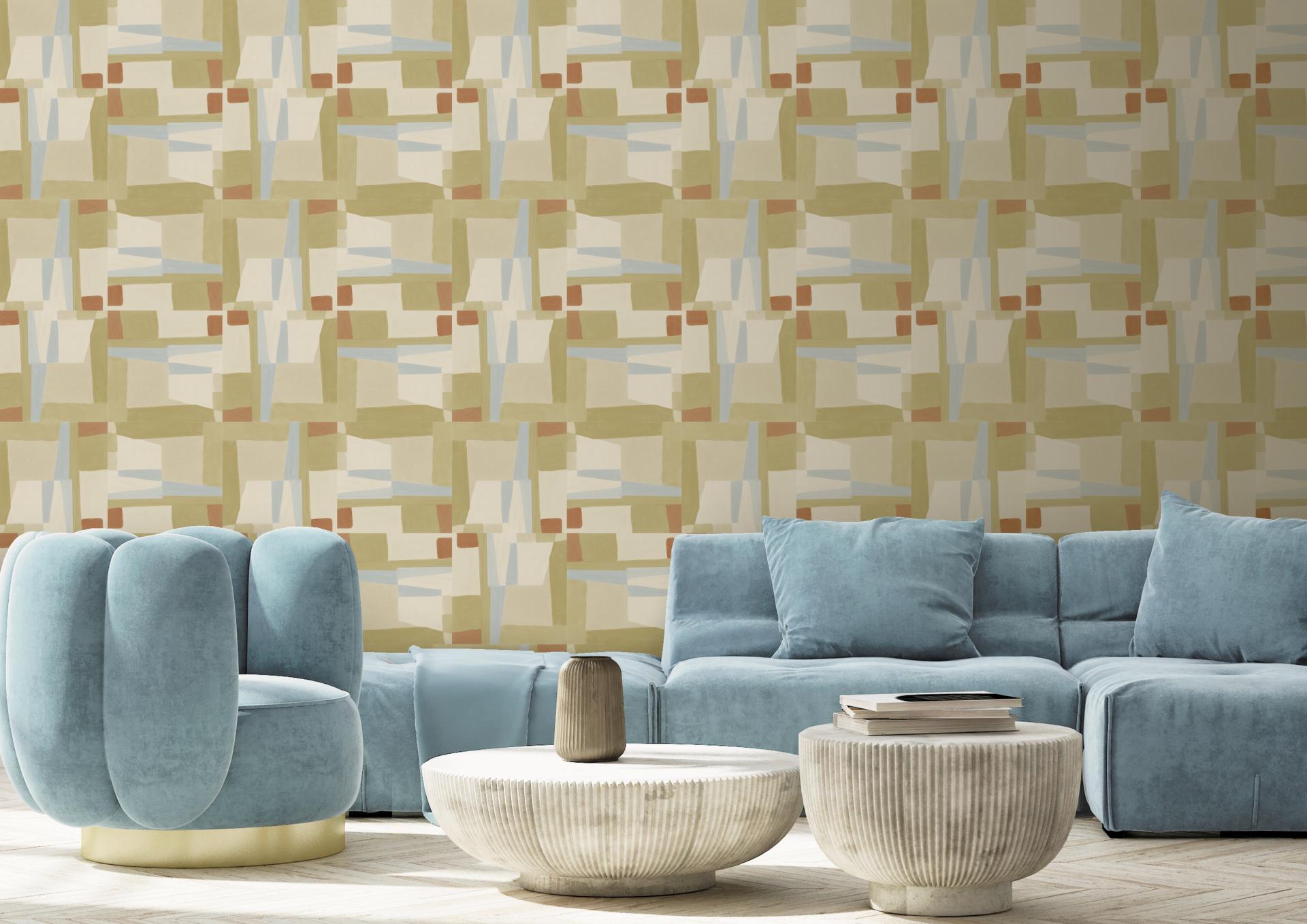 Stylish living room featuring Jan Erika's Ernö Collection wallpaper inspired by Trellick Tower, with modern furniture and decor.