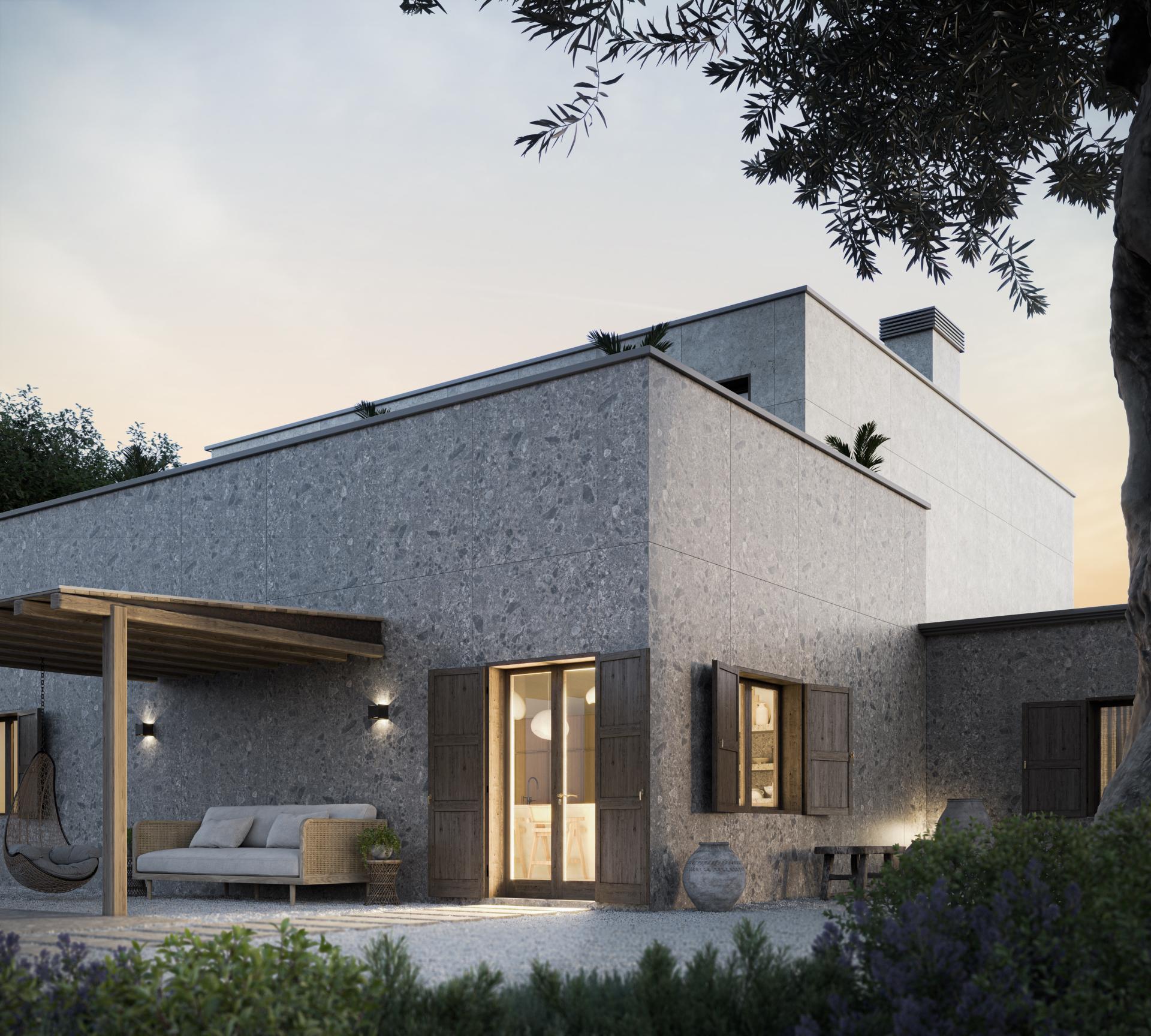 Modern architectural design featuring Cosentino's Dekton® Pietra Kode collection, showcasing textured surfaces and integrated outdoor living space.