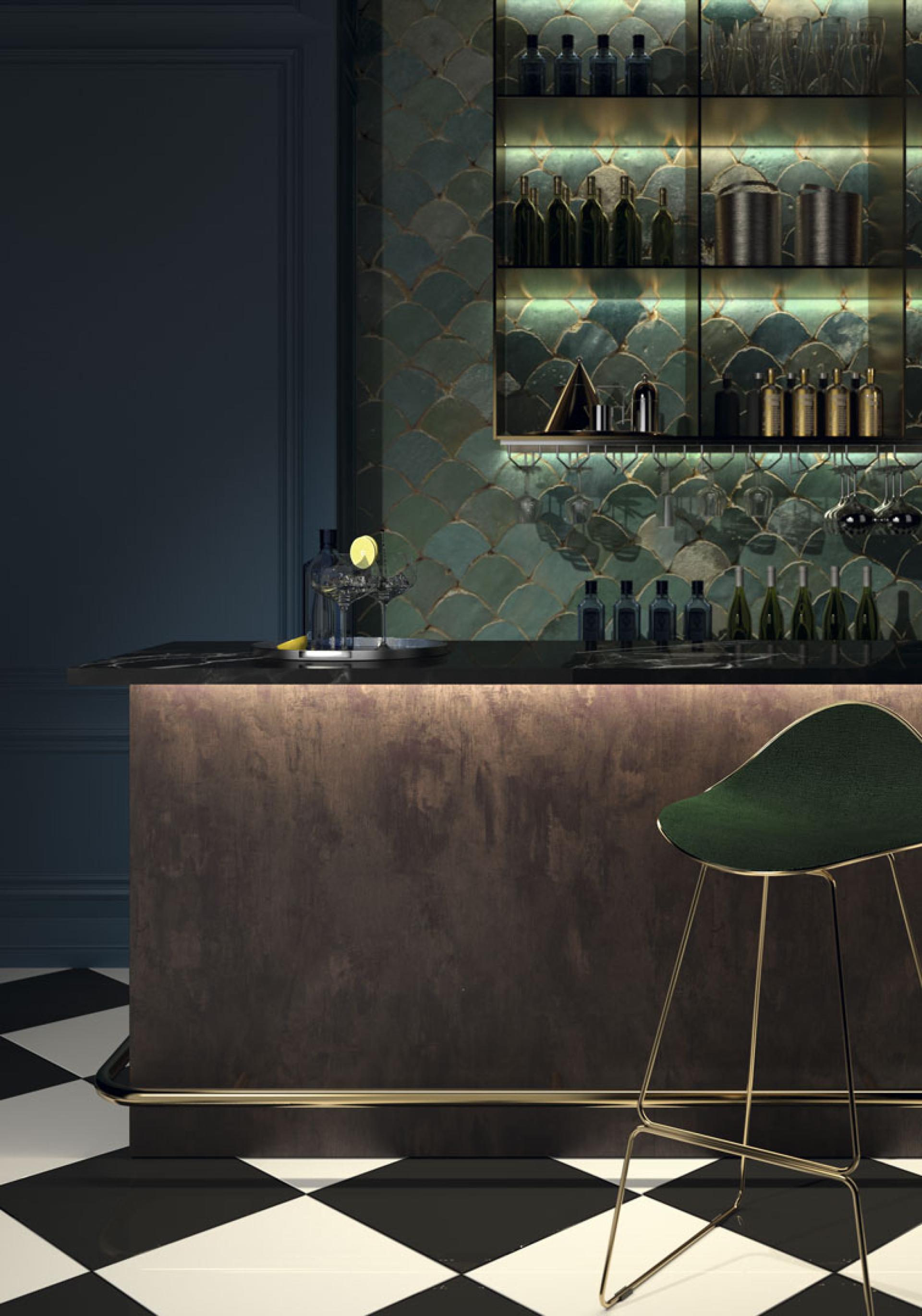 Modern bar setting featuring a stylish green stool, dark countertop, and decorative illuminated bottles against a textured wall.
