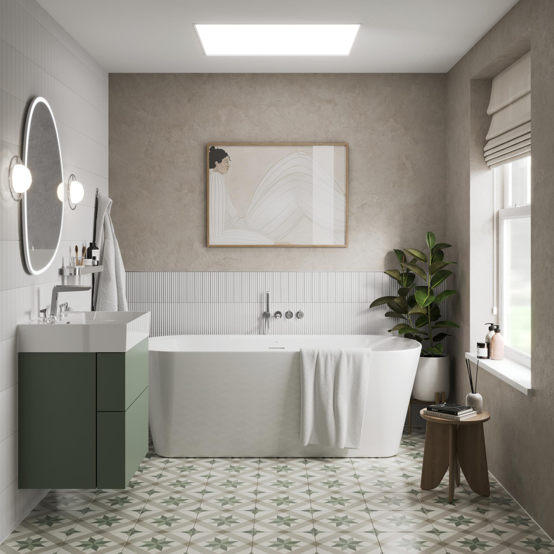 Modern bathroom design featuring a freestanding tub, green vanity, and artistic decor, highlighting playful nostalgia and Japanese Nouveau aesthetics.