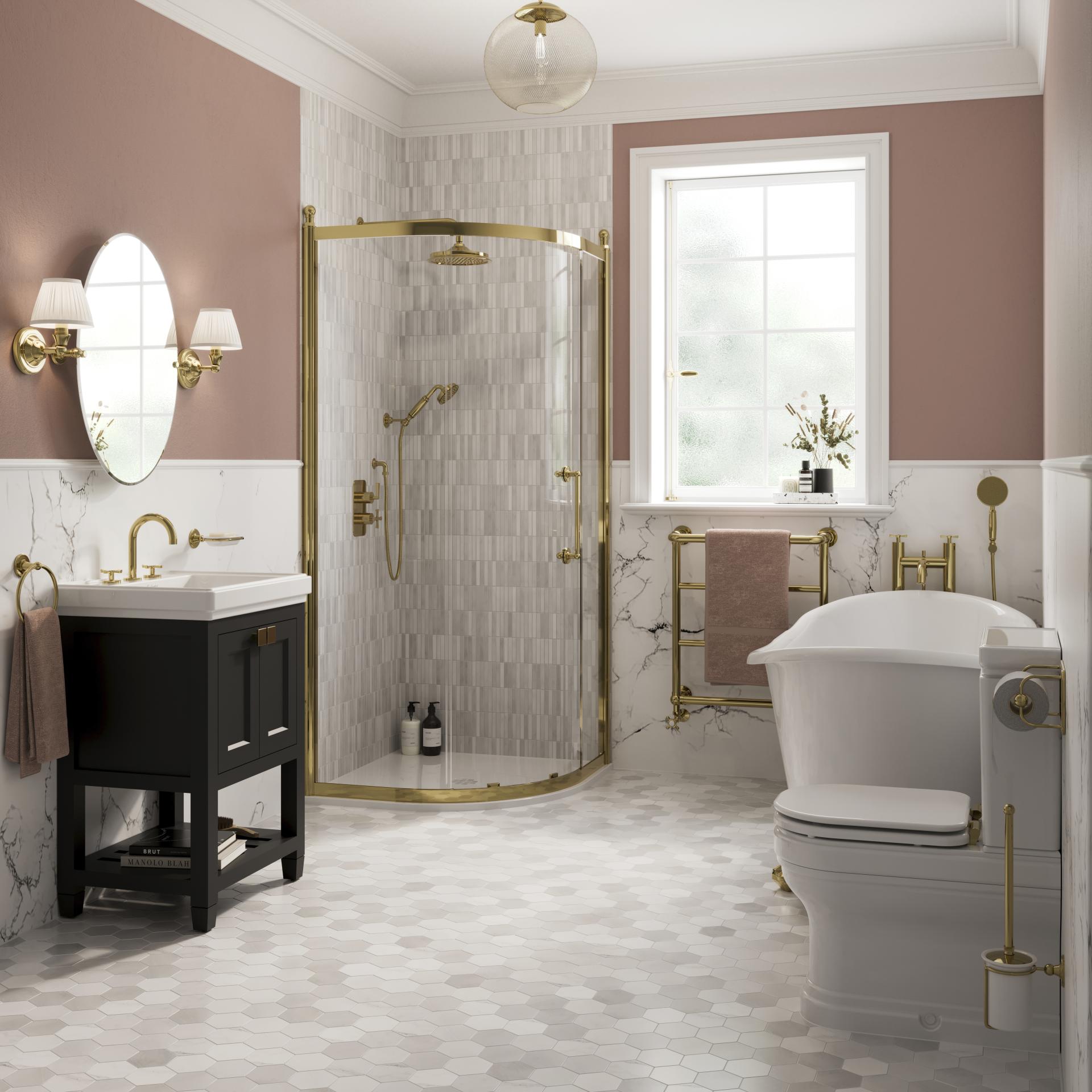 Elegant bathroom design featuring golden accents, a glass shower, and a modern black vanity, embodying Japanese Nouveau aesthetics.