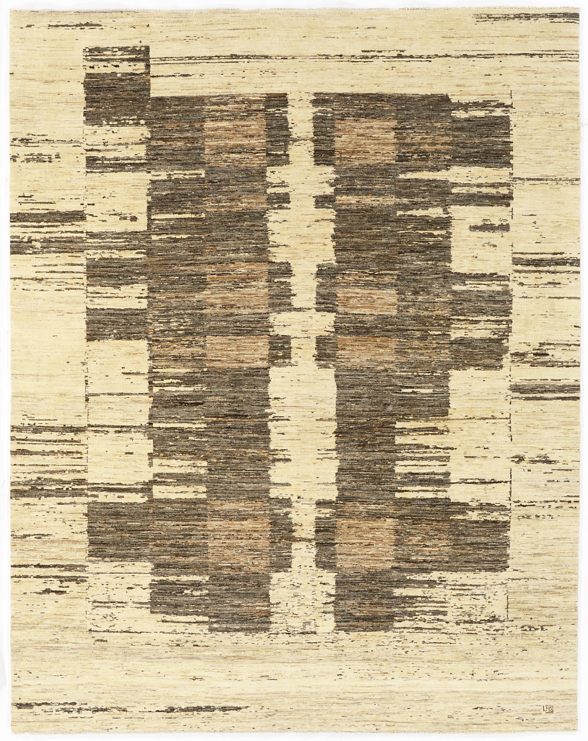 Luxury rug featuring a modern, abstract design in earthy tones, showcasing Luke Irwin's signature style and craftsmanship.