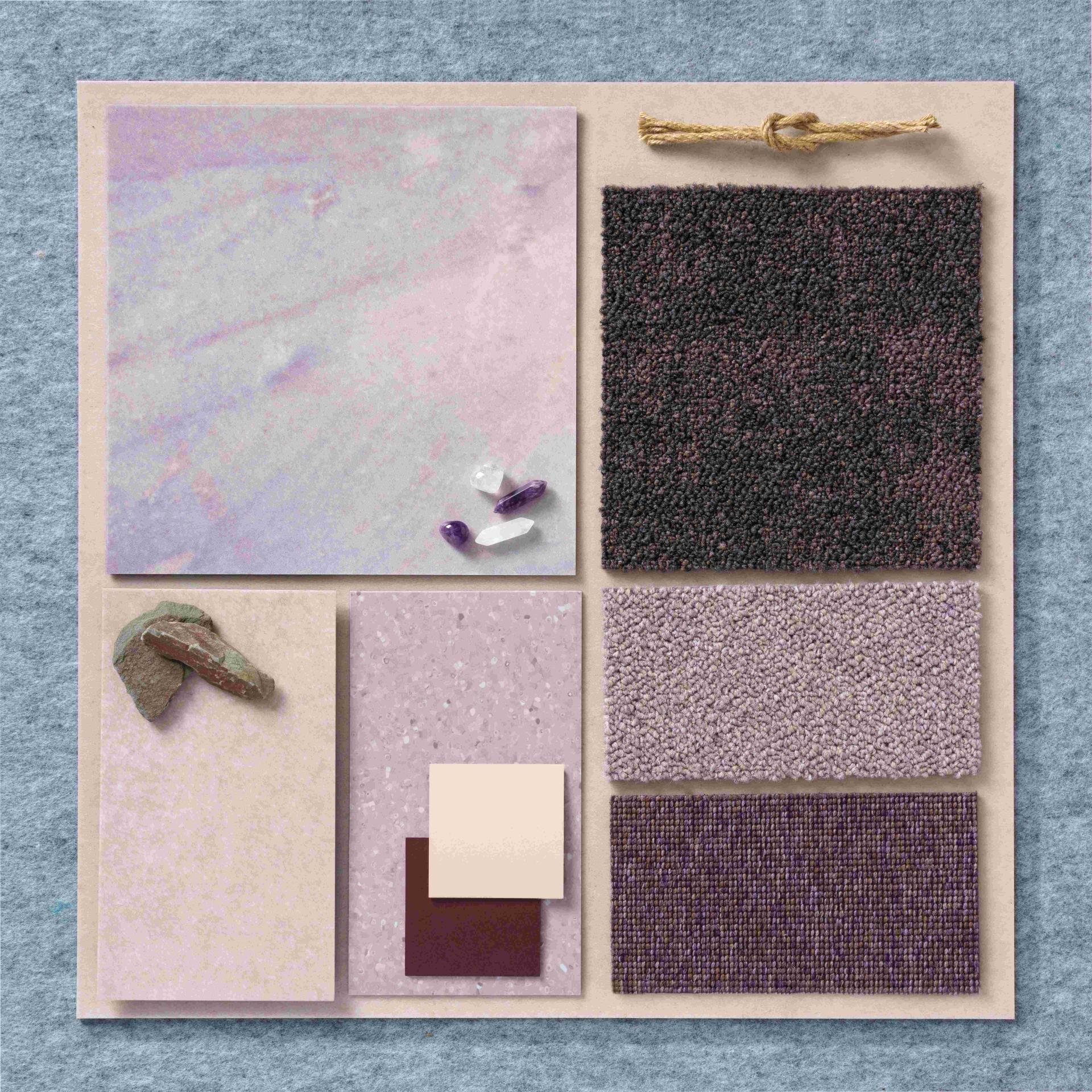 Design boards featuring Forbo's Allura Luxury Vinyl Tiles in various modern textures and color palettes for 2024 inspiration.