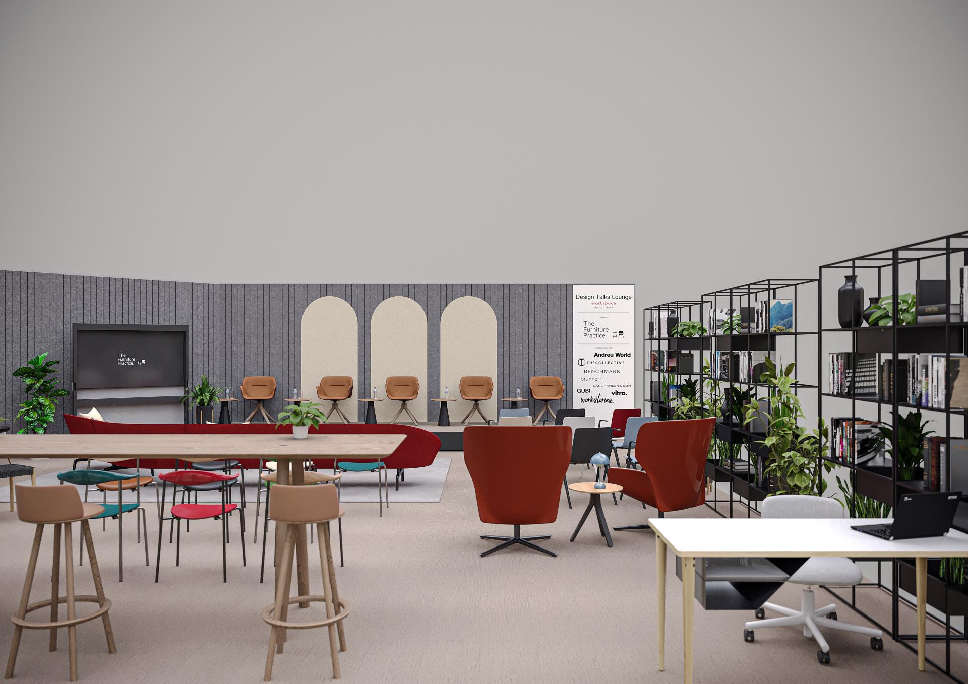 Stylish workspace featuring a collaborative design area with modern furniture and greenery, promoting innovative workspace concepts.