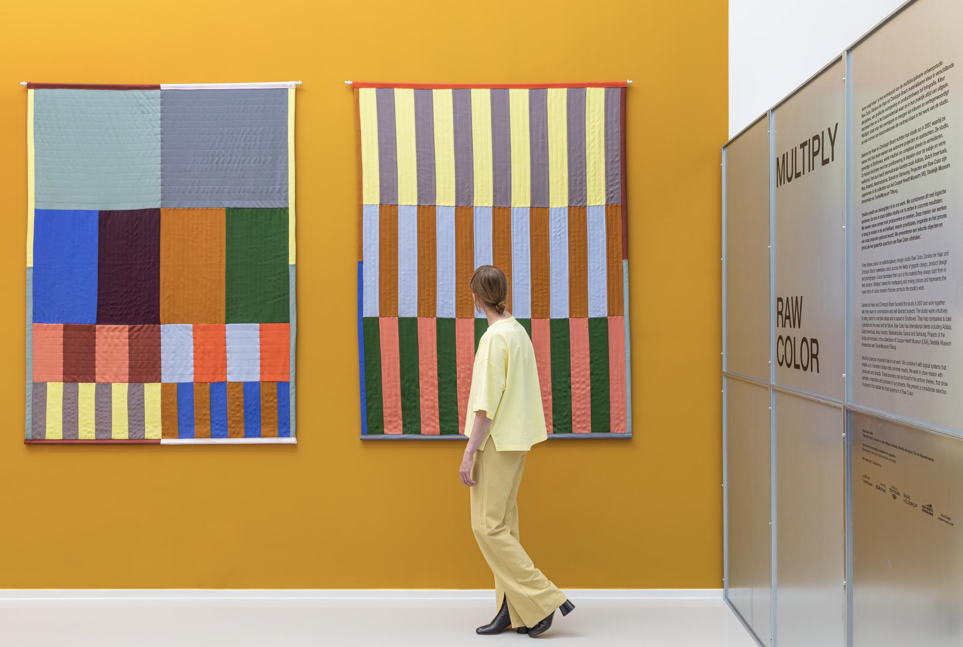 A visitor examines vibrant textile artworks inspired by bio-based color palettes at a Raw Color exhibition.