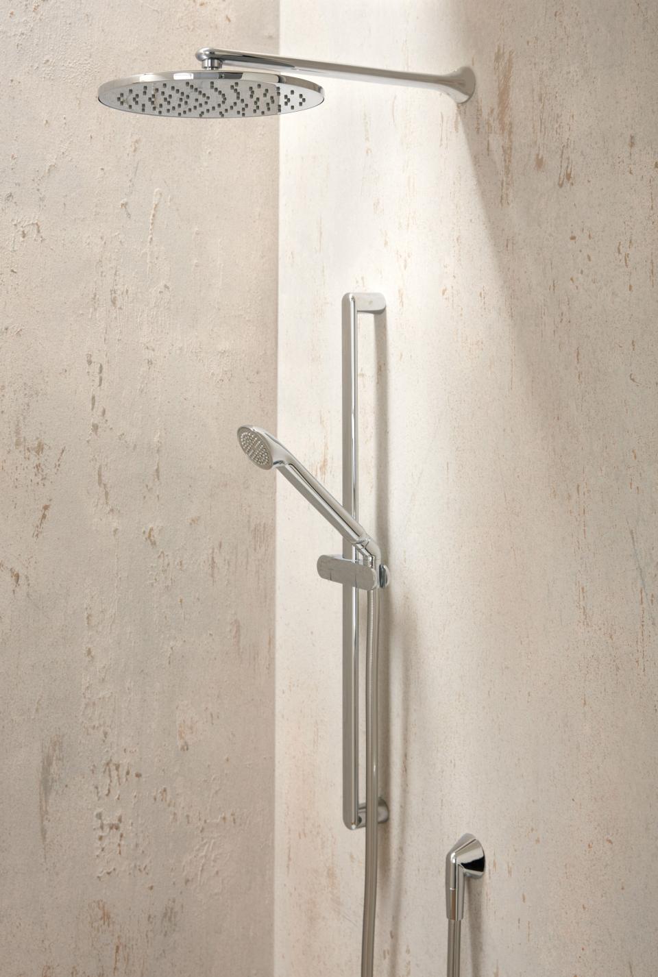 Modern VADO shower system featuring a sleek overhead rain shower and handheld unit on a textured wall.