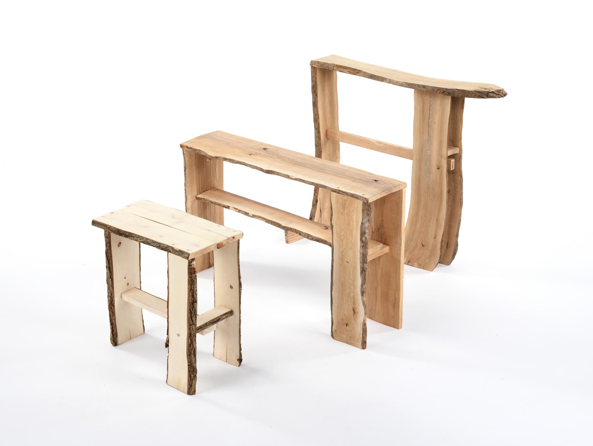 Unique wooden furniture pieces displayed at New Designers 2024, showcasing innovative material use and design creativity.