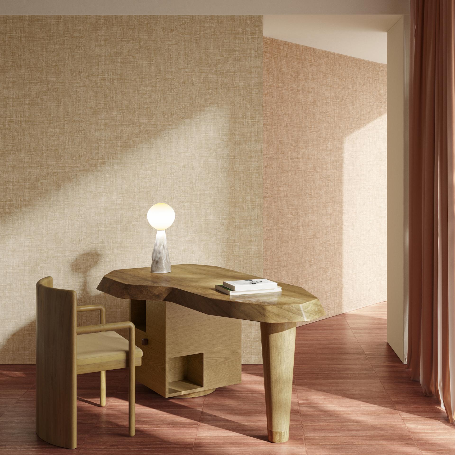 Stylish interior featuring Arte's Washed Linen wallcovering, wooden furniture, and warm autumn hues for a cozy atmosphere.