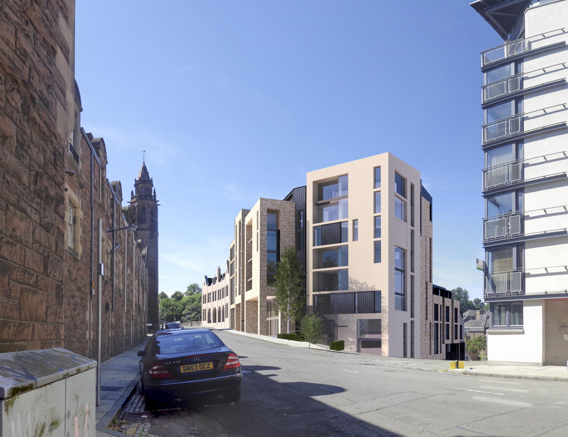 Modern architectural design featuring new residential buildings in Scotland alongside historic structures and a clock tower.