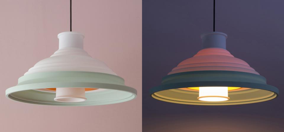 Colorful, modern pendant lamps from SowdenLight's SHADES collection, showcasing versatile configurations and stylish design for any space.