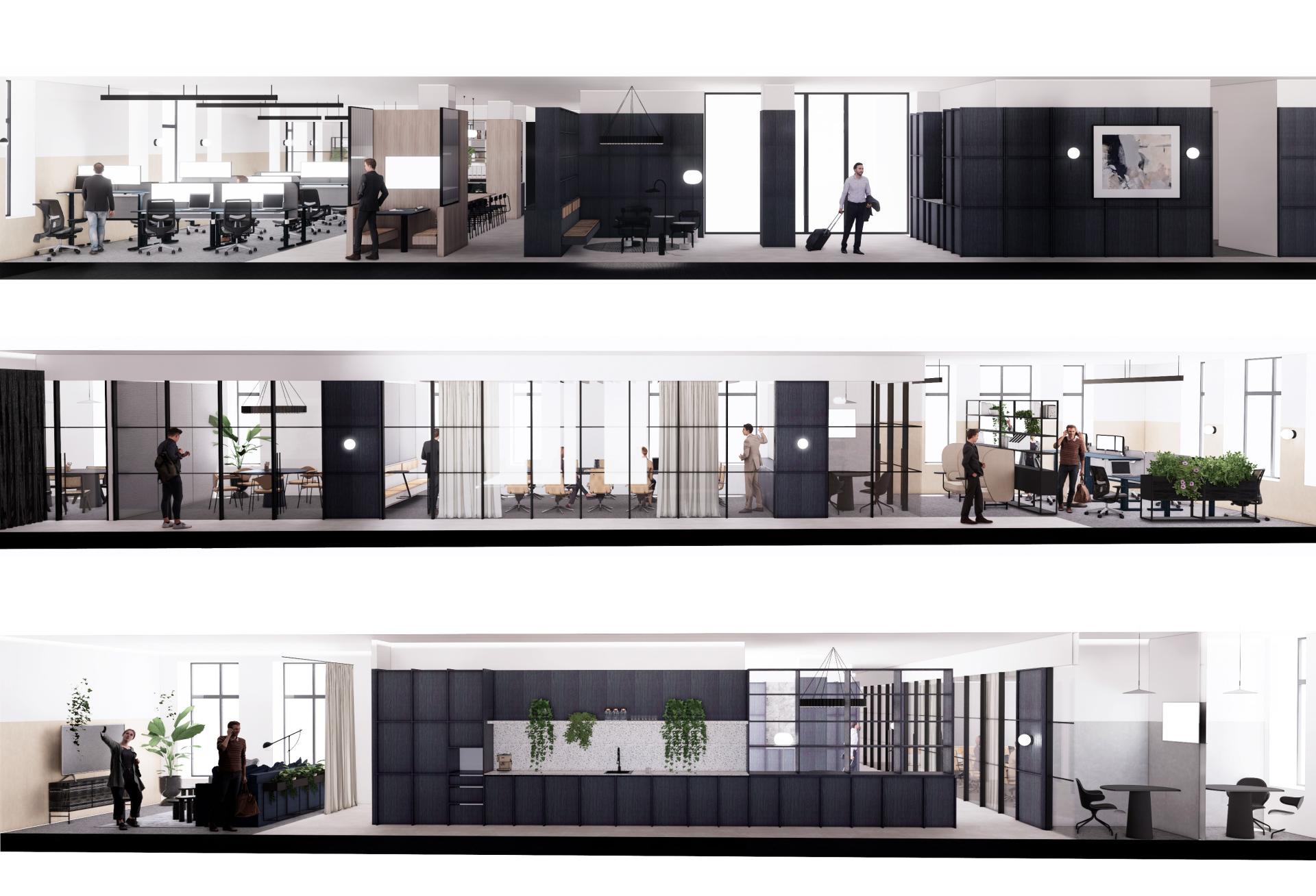 Modern office design featuring functional spaces, natural materials, and greenery, emphasizing quality and authentic environments.