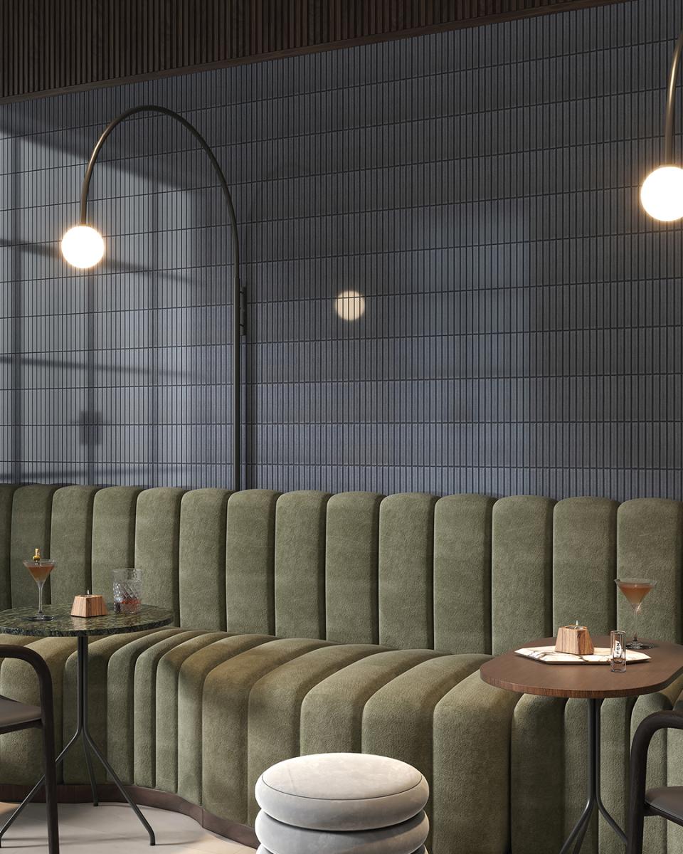 Stylish interior featuring Kakam 2.0 porcelain mosaic tiles, plush seating, and elegant lighting, inspired by Japanese design aesthetics.