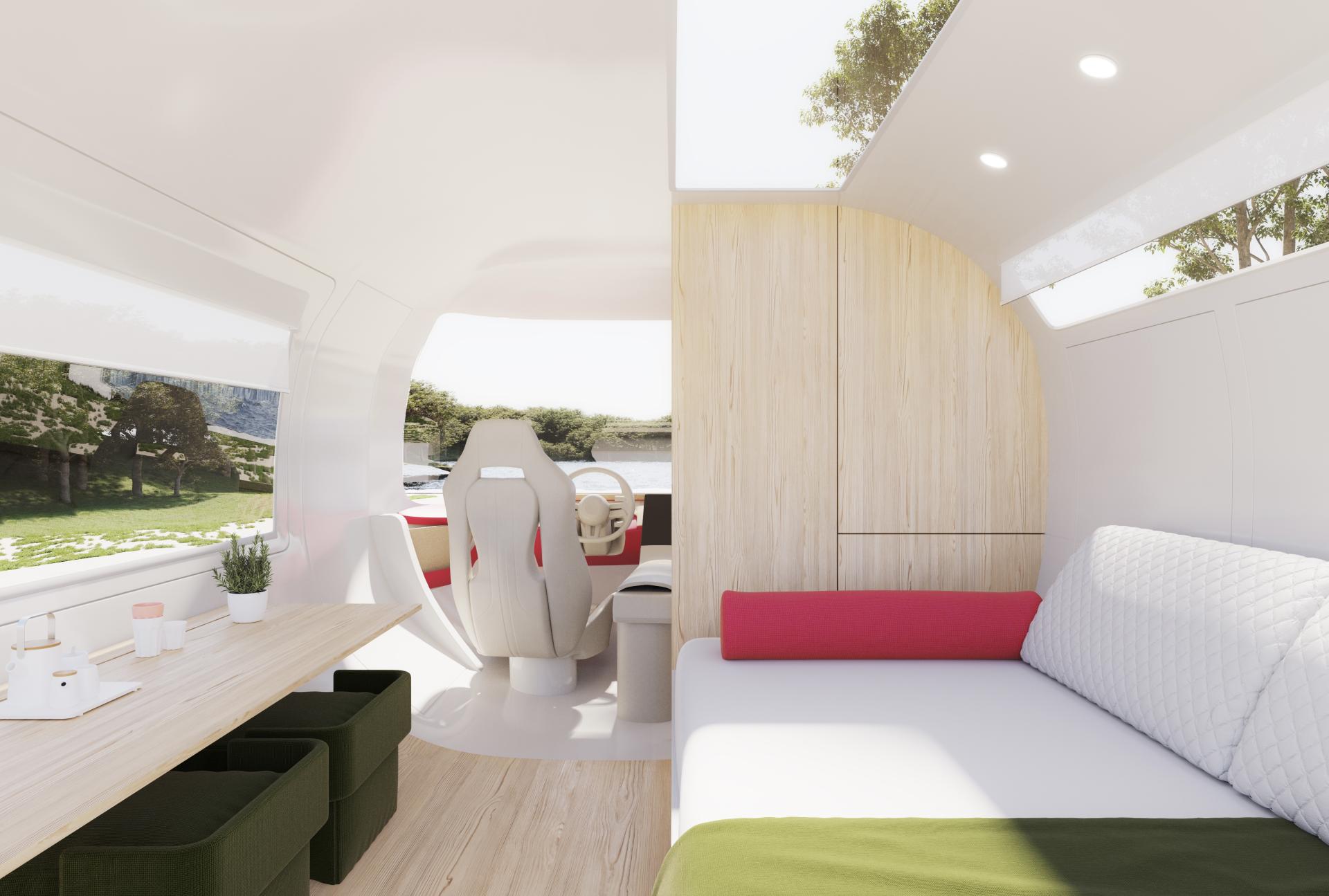 Modern interior of a sleek, sustainable boat featuring colorful upholstery, wood accents, and panoramic views of nature.