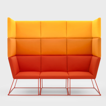 Vibrant modern sofa in orange and yellow hues, showcasing VIGANÒ & C.'s innovative furniture design and style.