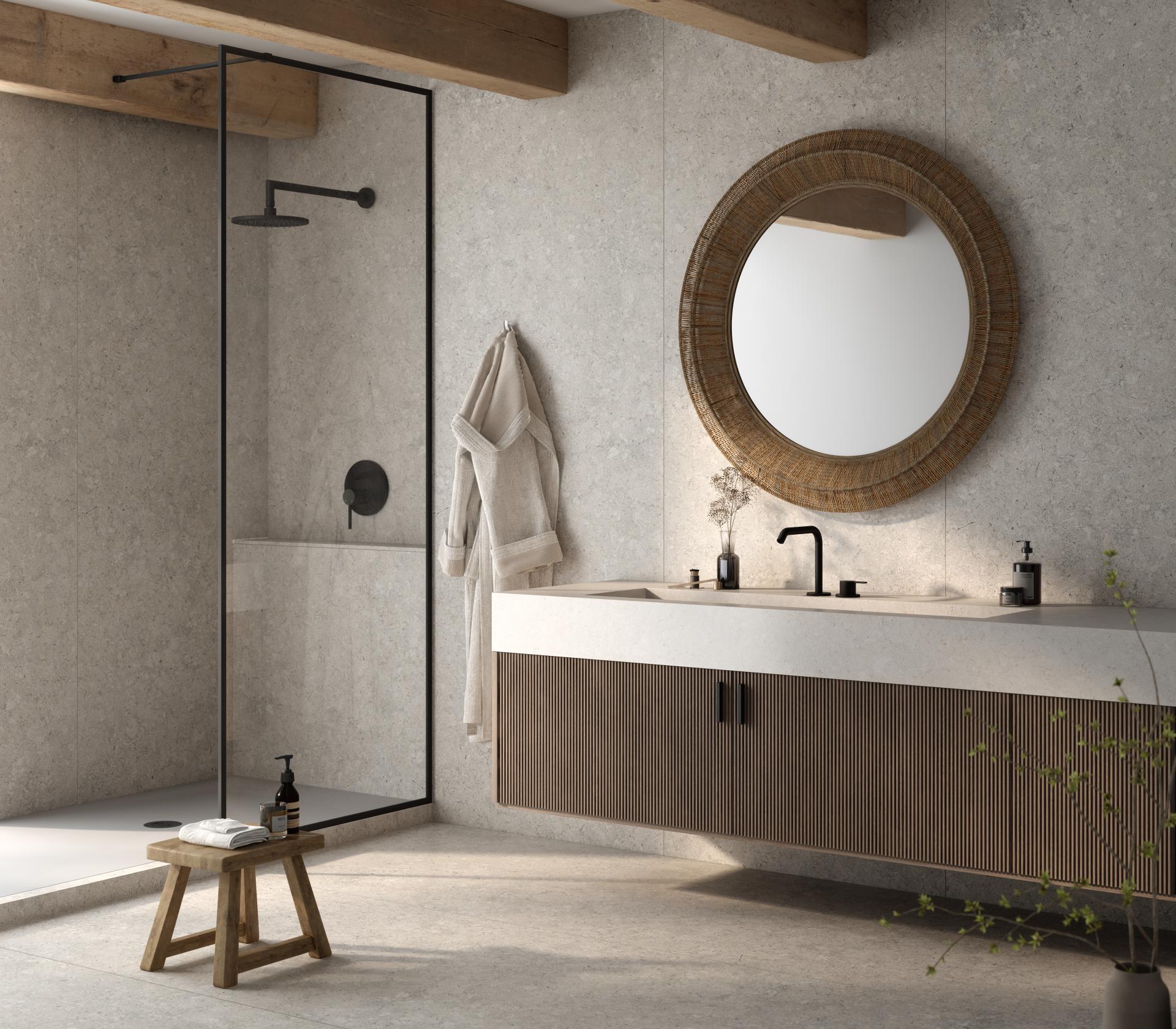 Modern bathroom featuring Cosentino's Dekton Pietra Kode surfaces, showcasing minimalist design and elegant materials inspired by Italian architecture.