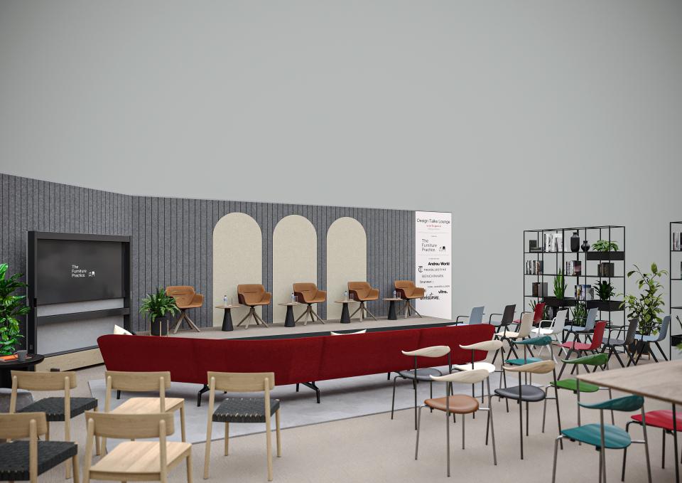 Modern workspace design featuring a stylish lounge area with seating, a presentation screen, and greenery for the Workspace Design Show.