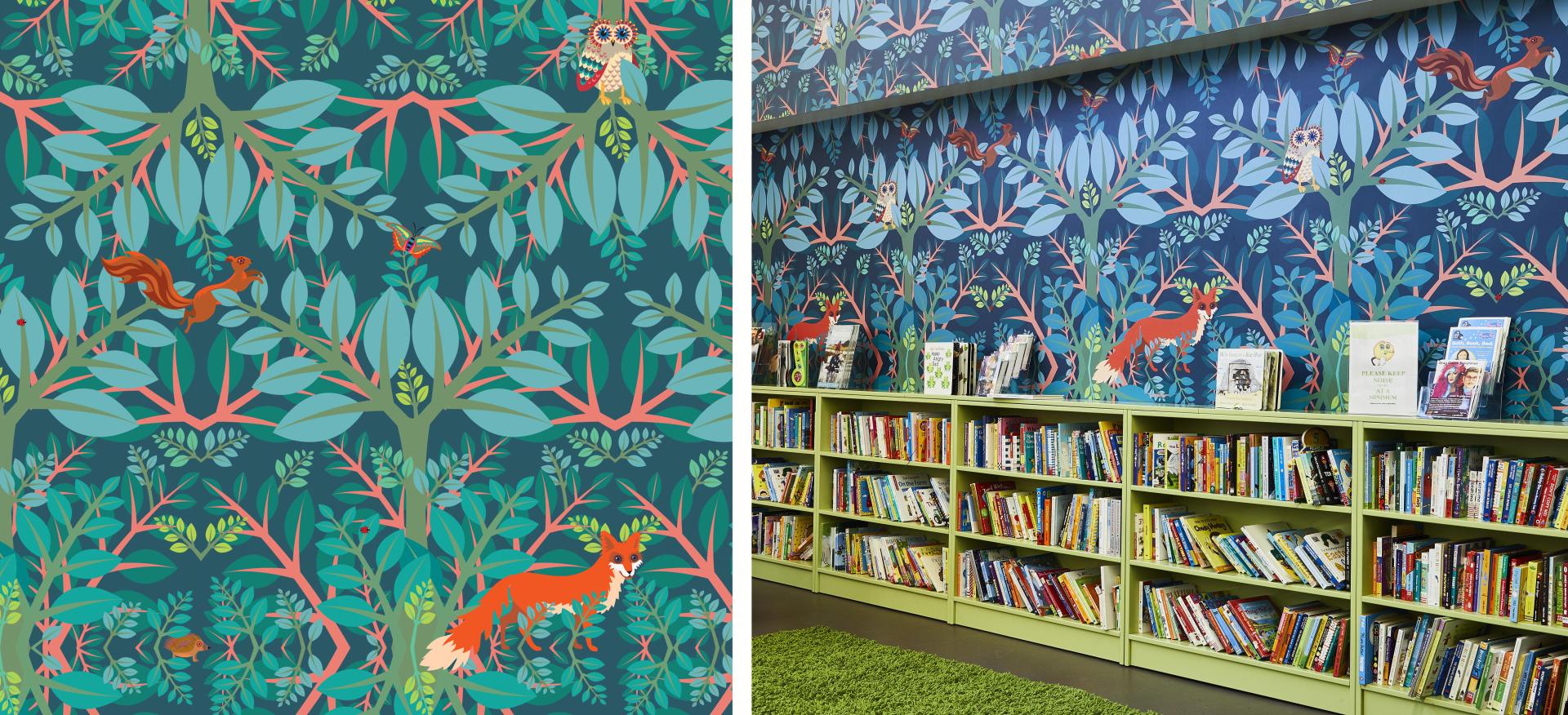 Colorful wallpaper depicting whimsical forest animals among lush greenery, enhancing the creative atmosphere of a library space.