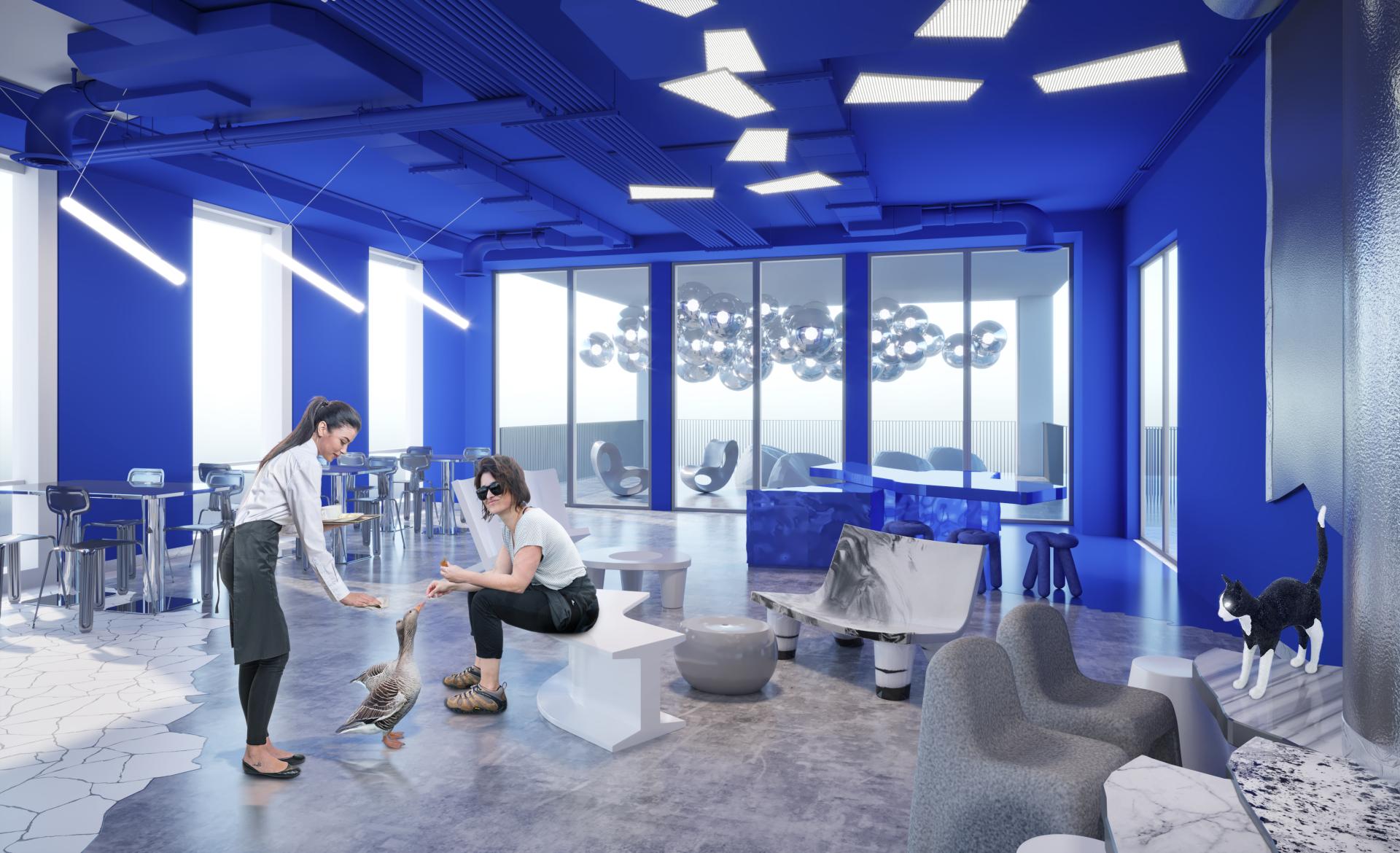 Modern interior design showcase featuring a blue-themed space with a woman interacting with a duck and a cat.