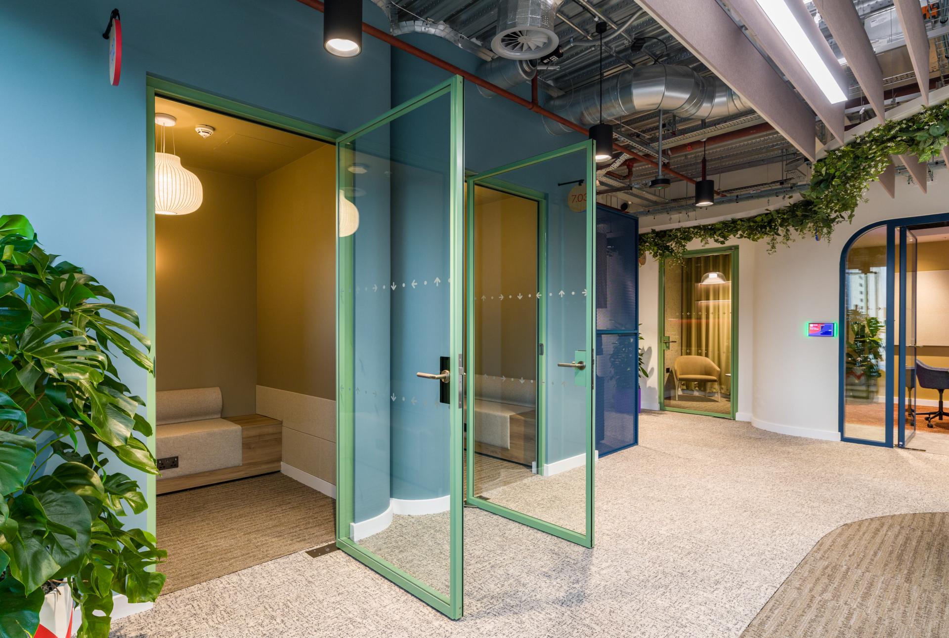 SpaceInvader's workplace scheme for Virgin Media O2 balances vibrancy with variety to support congregation and calm.