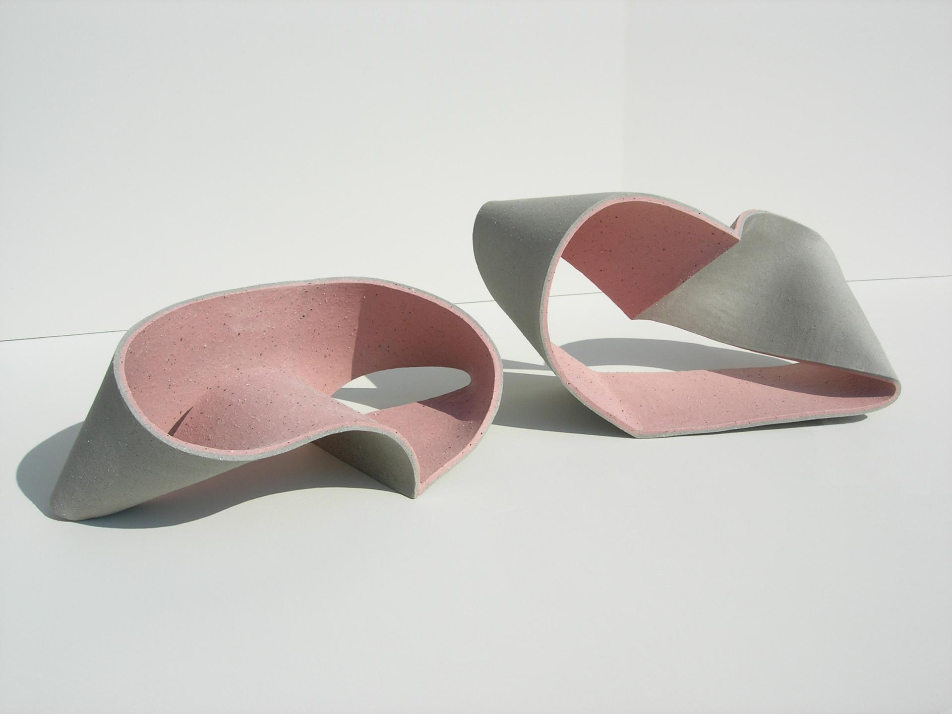 Contemporary ceramic sculptures by Jo Woffinden showcasing a blend of grey and pink colors at Harewood House Biennial.