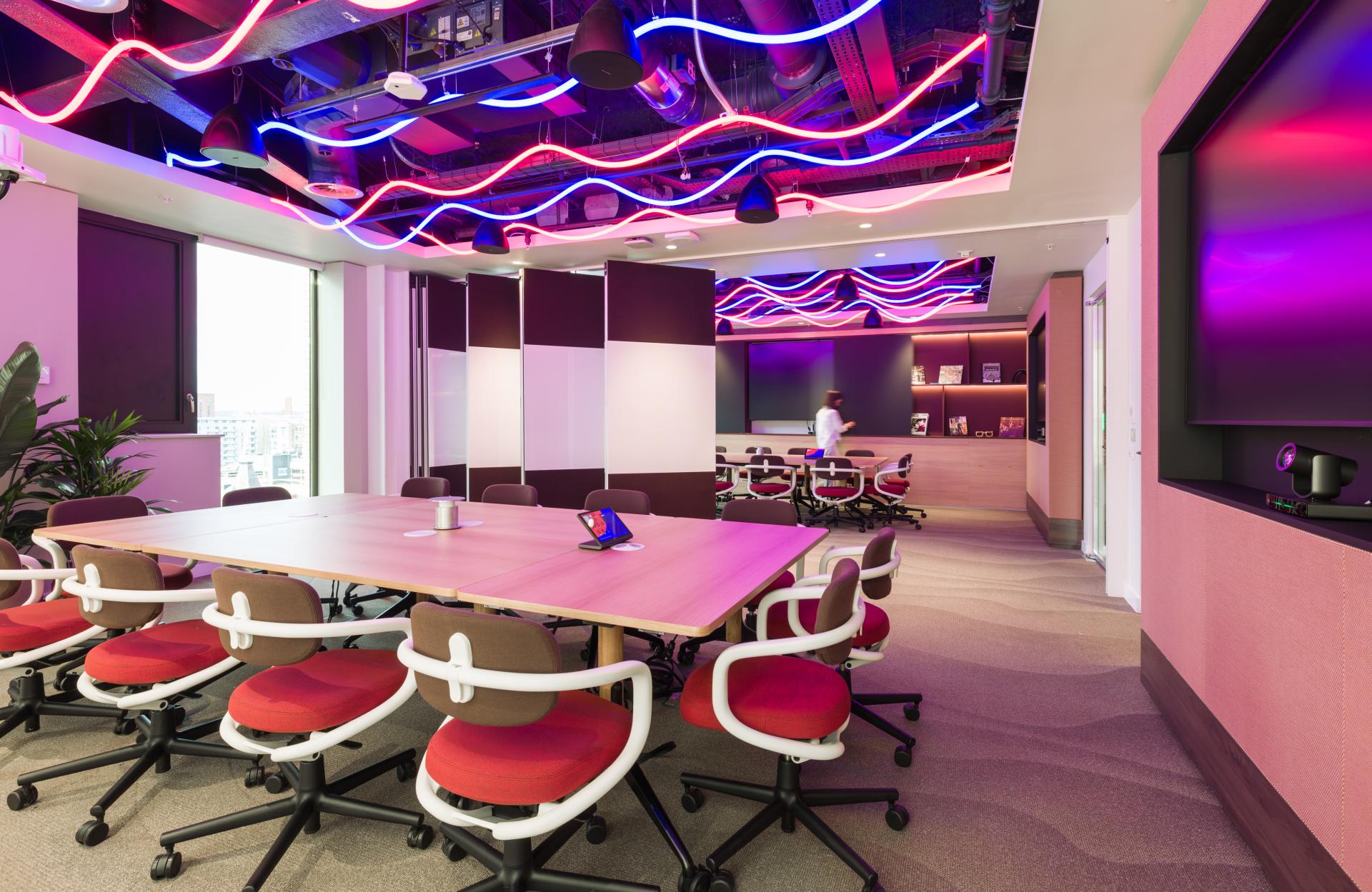 SpaceInvader's workplace scheme for Virgin Media O2 balances vibrancy with variety to support congregation and calm.