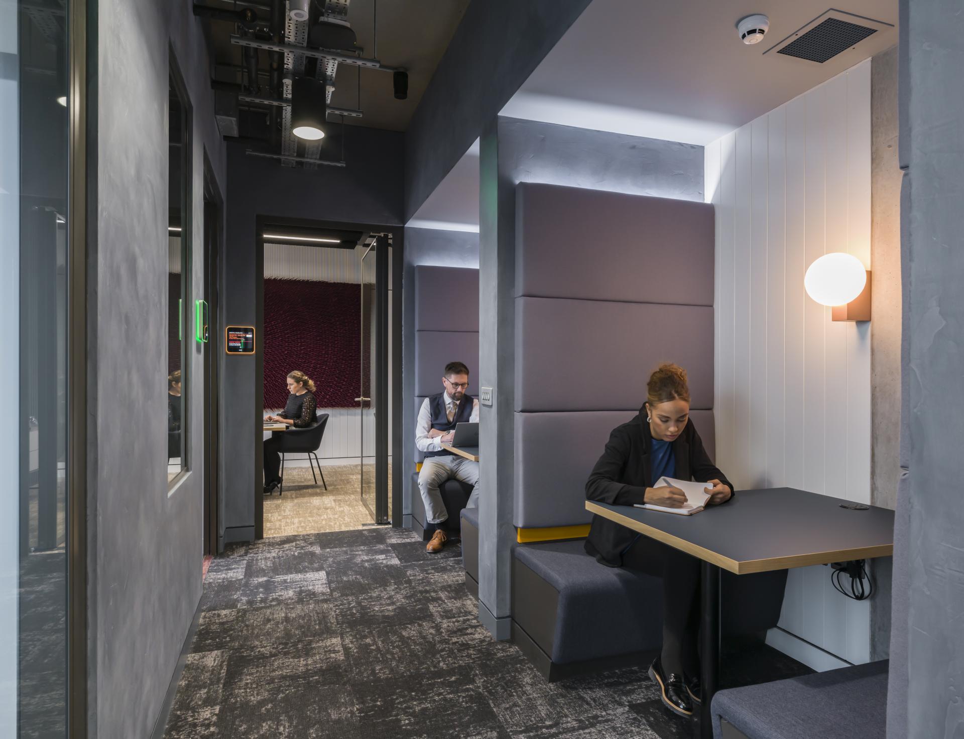 Modern workspace at Riverside House featuring collaborative meeting areas and individual workstations designed for Muse Developments.