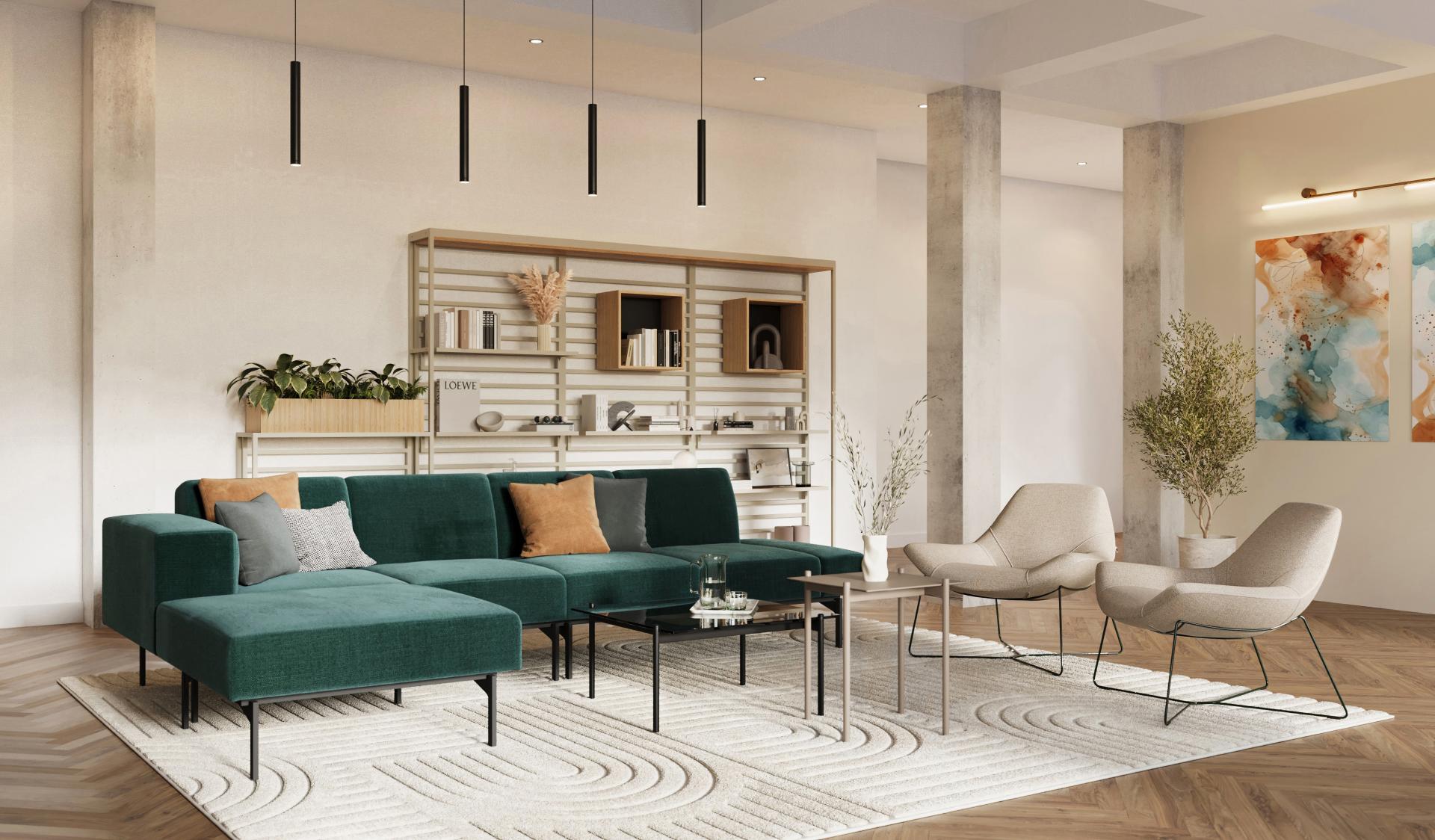 Modern living room featuring sixteen3's Otto seating, showcasing plush teal sofas and elegant accent chairs in a stylish decor.