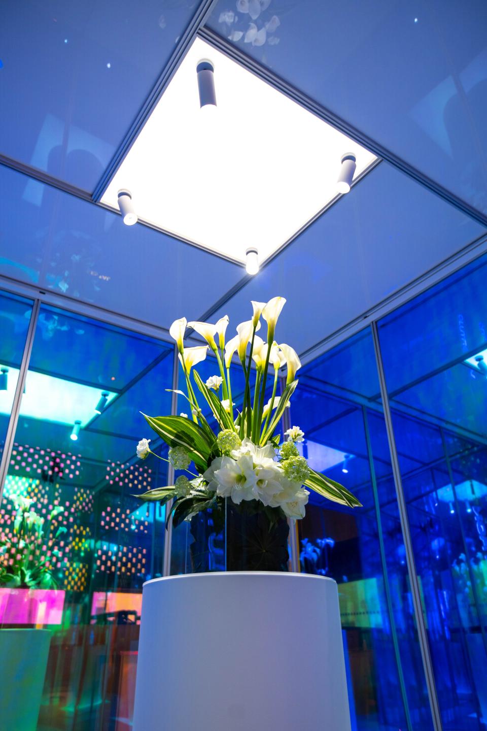 Lutron’s Prismatic experience featuring modern floral arrangement under innovative lighting, showcasing design inspiration within a vibrant space.