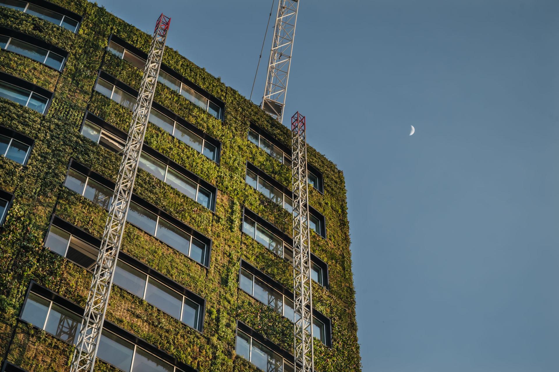 Sustainable architecture of Eden building in Manchester with greenery-covered façade against a clear blue sky.
