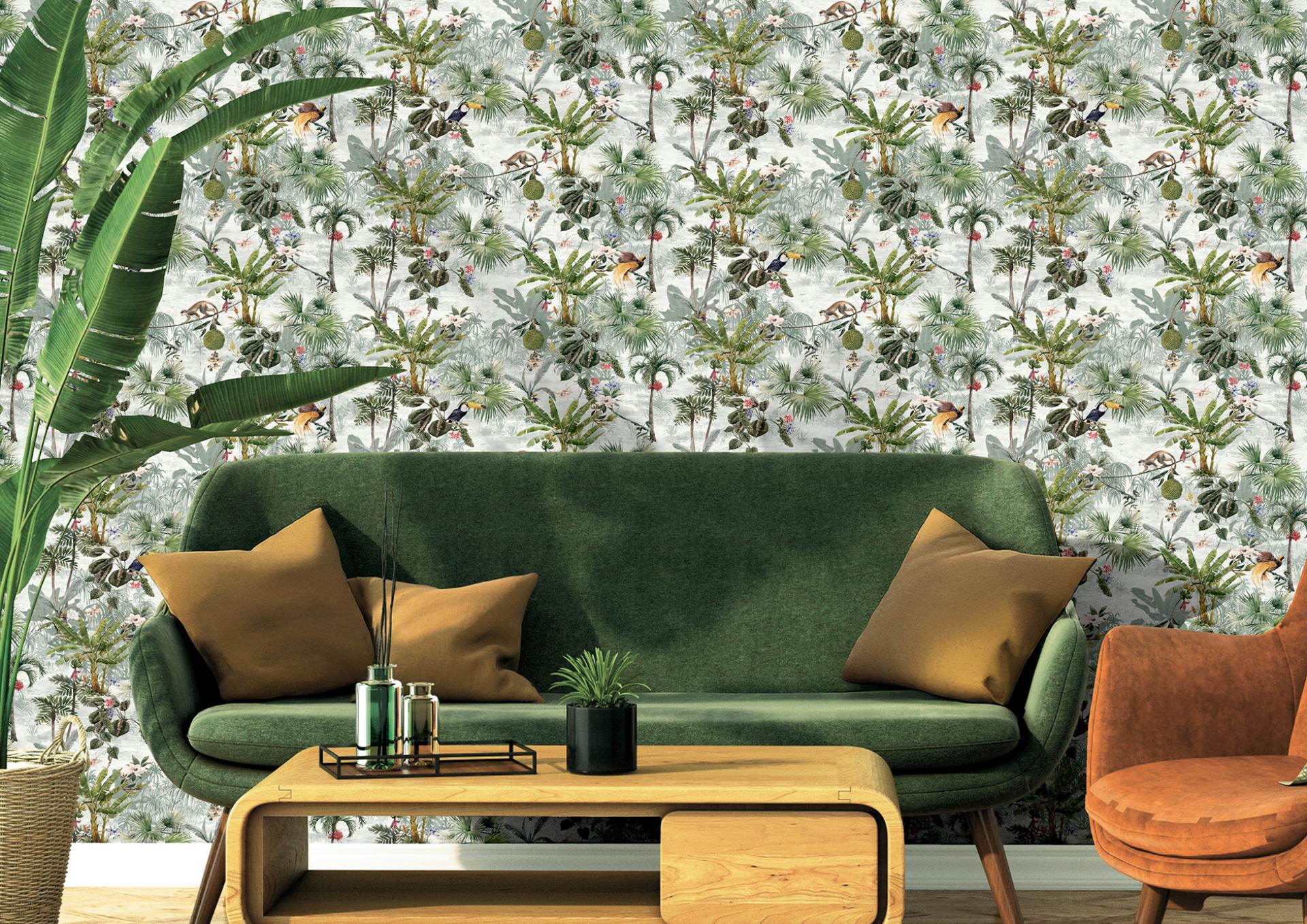 Vibrant nature-inspired wallcovering featuring tropical plants and birds, complementing modern furniture in a stylish interior space.