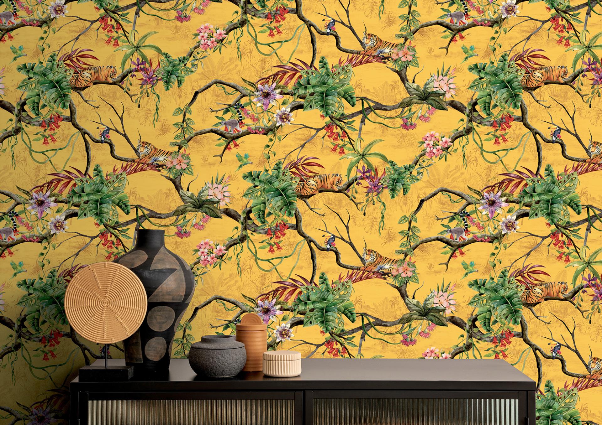 Vibrant yellow wallcovering featuring tropical plants, tigers, and flowers, enhancing any space with nature-inspired design.