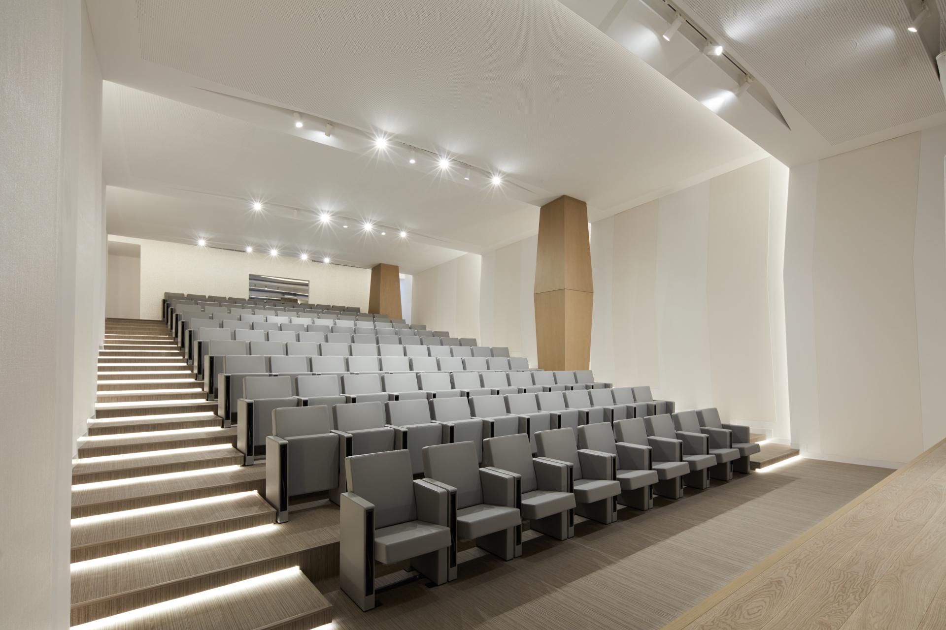 Modern auditorium at American University of Sharjah featuring tiered seating, sleek design, and natural lighting for innovative learning.
