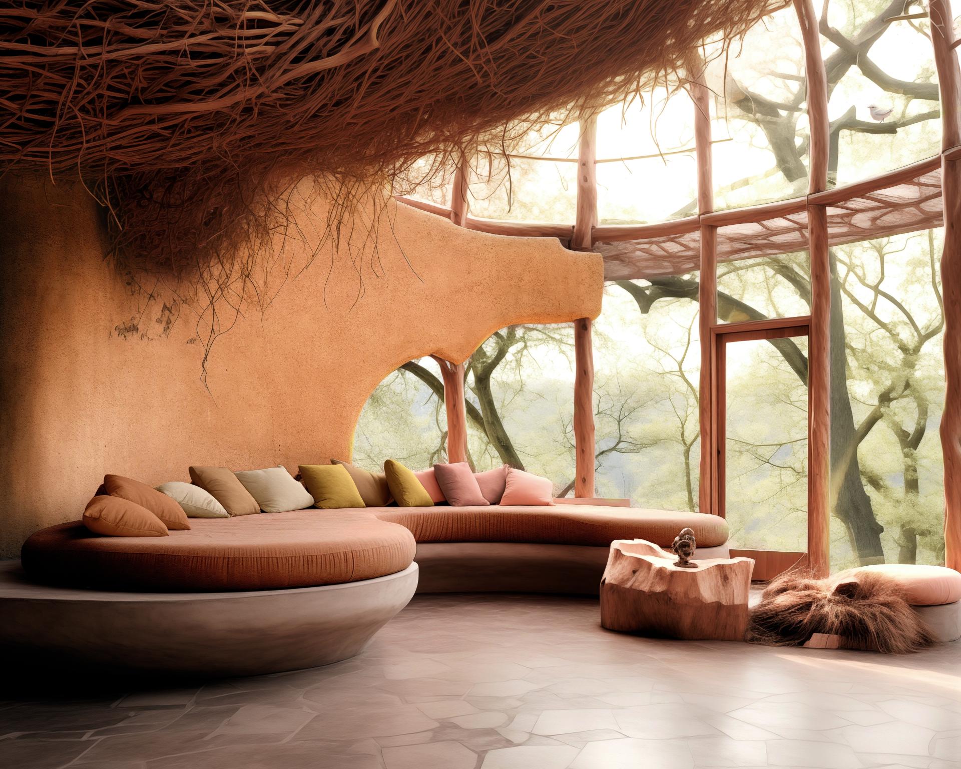 Cozy interior featuring a round sofa with colorful cushions, surrounded by large windows and natural light, inspired by Ultrafabrics’ Sanctuary Palette.