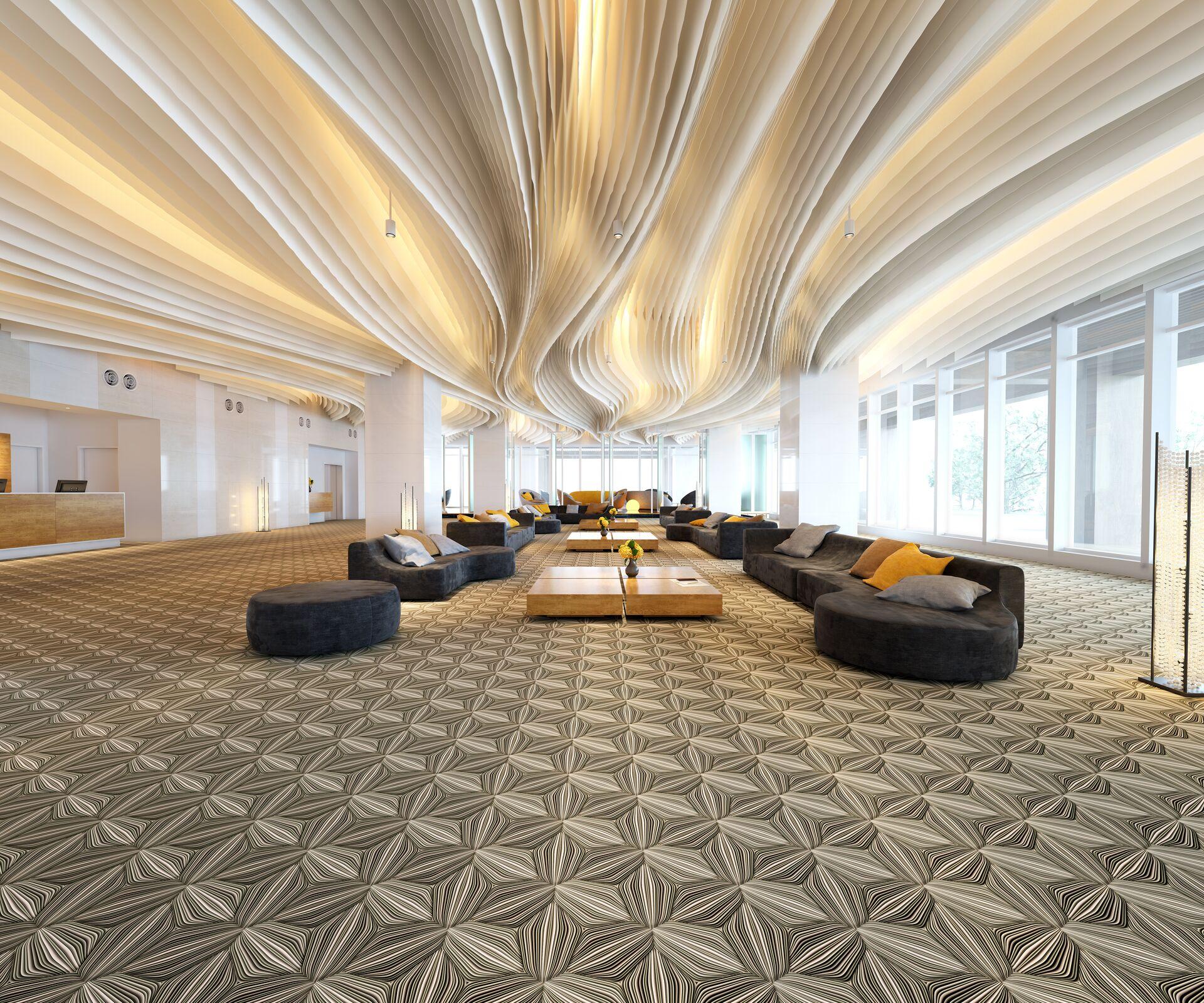 Sophisticated lounge interior featuring Mac Stopa's artistic flooring design with elegant, flowing ceiling and stylish seating.