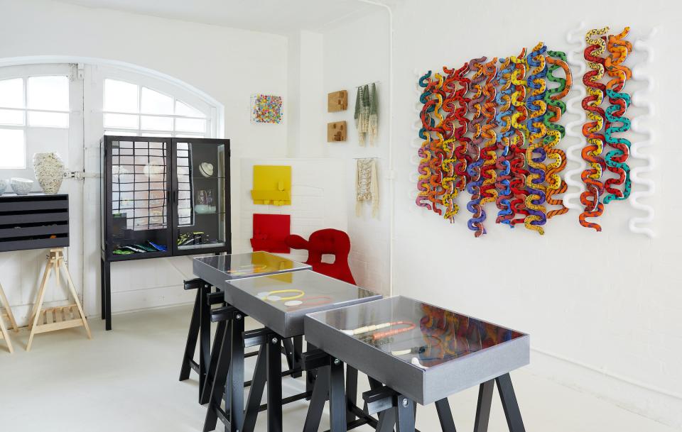 Colorful contemporary art pieces and unique design displays in the House on Mars gallery during Collect 2021 art fair.