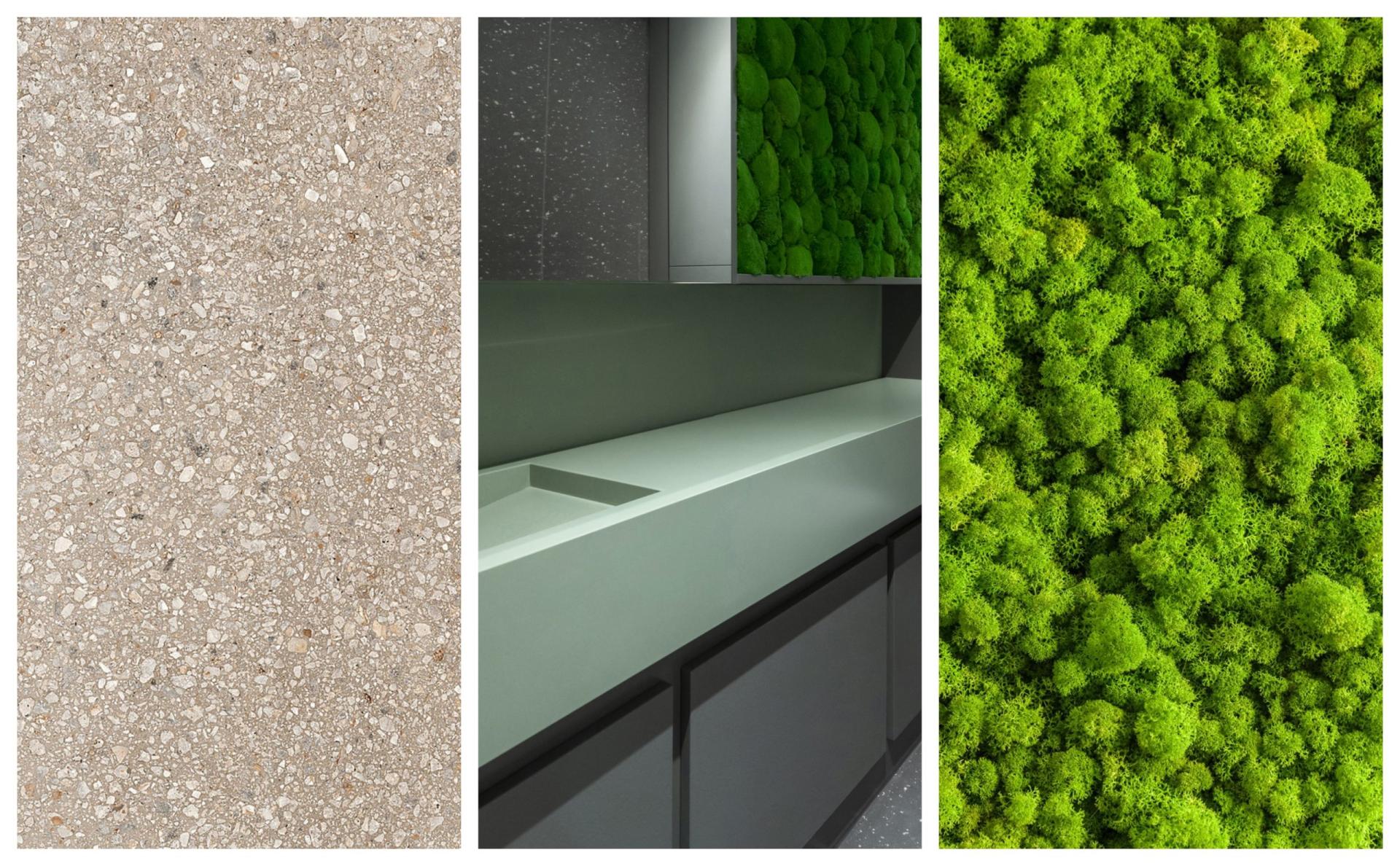Modern washroom materials showcasing textured surfaces, sleek countertops, and lush green moss accents reflecting 2022 design trends.
