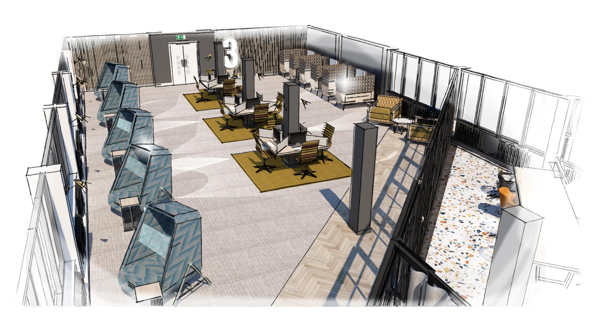 Modern office design featuring collaborative workspaces, private booths, and comfortable seating for flexible third workspace usage.