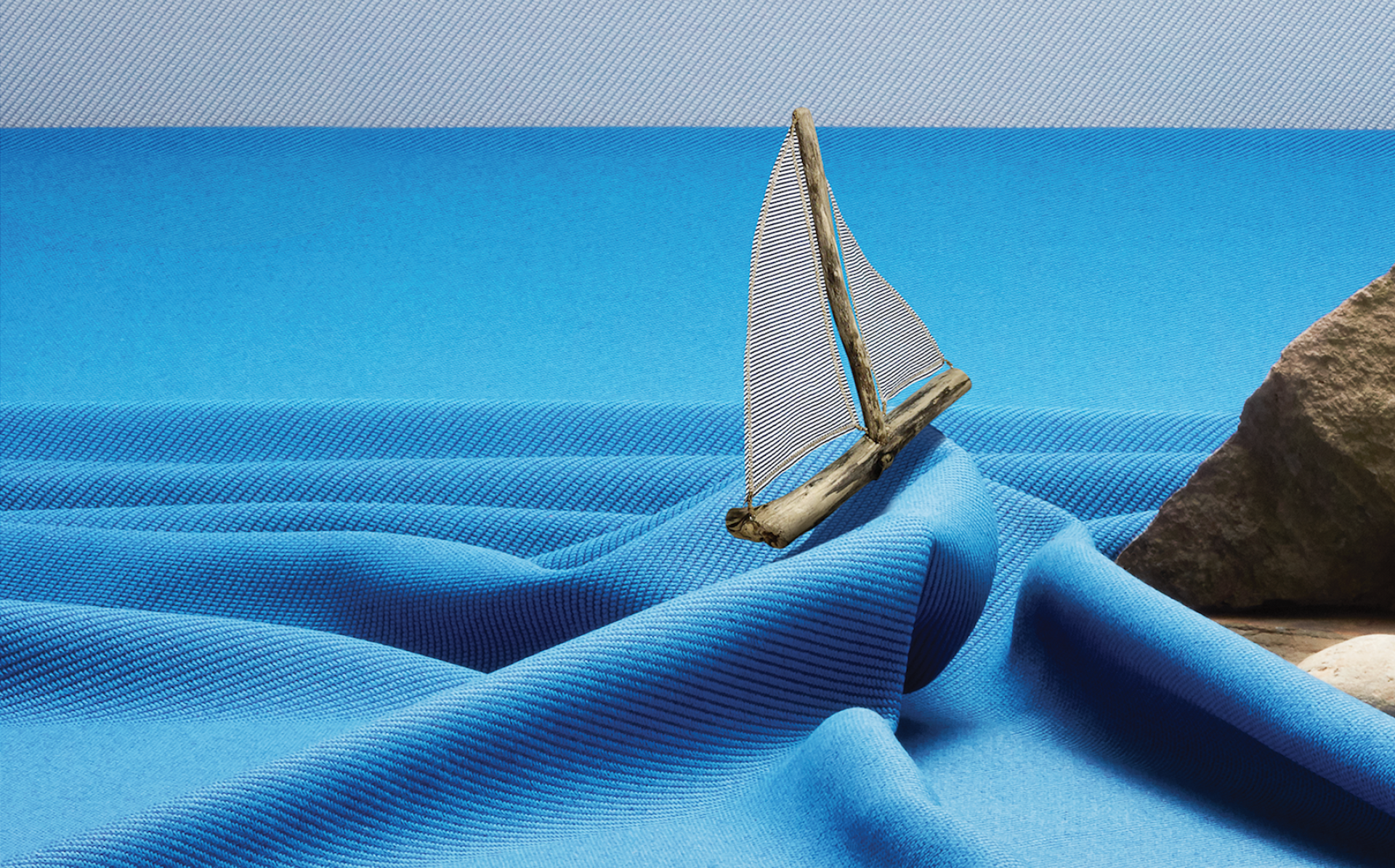 Blue fabric wave with a small wooden sailboat, emphasizing Camira's innovative use of recycled marine plastic waste.