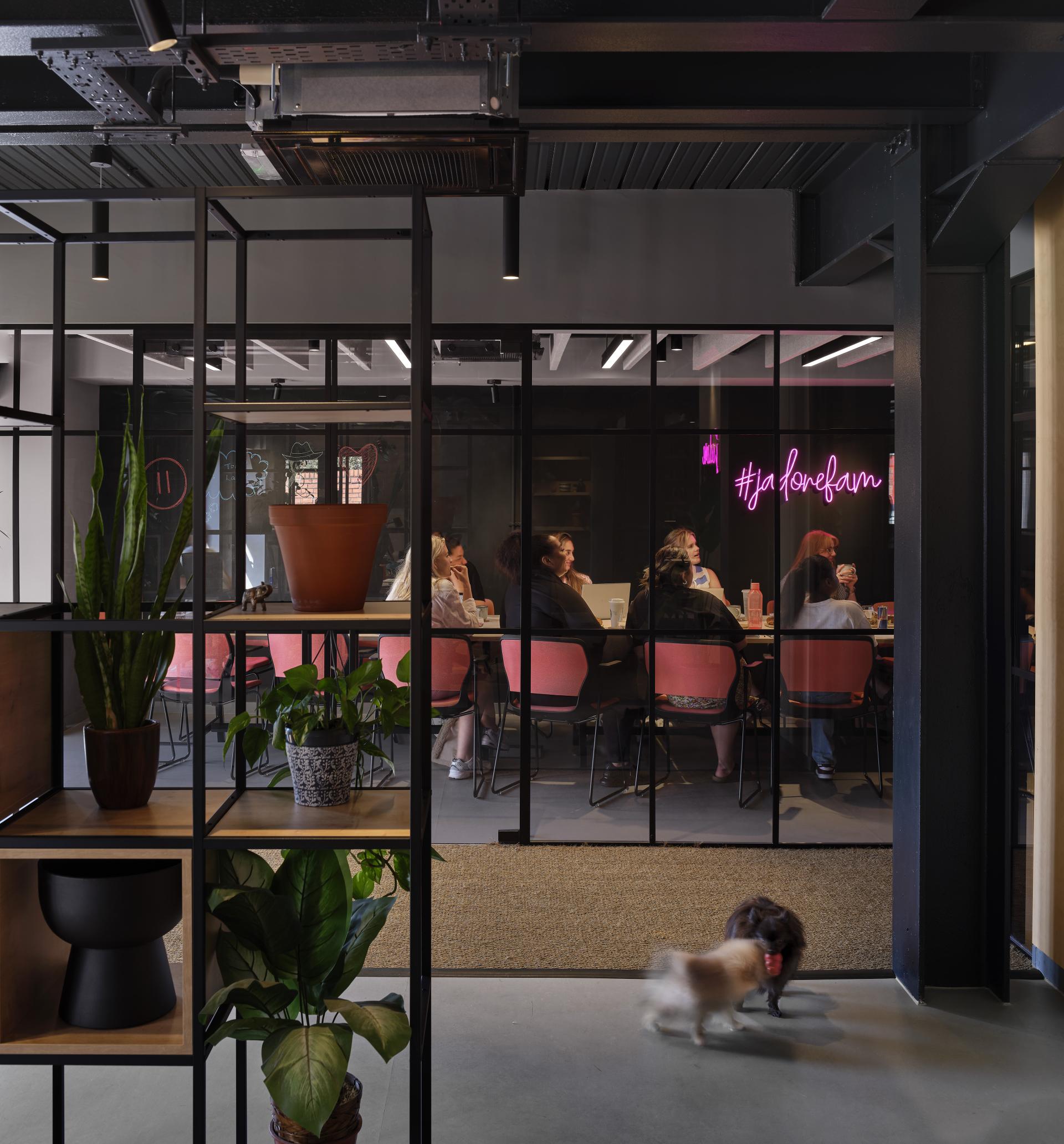 Modern office space featuring a collaborative meeting with pink chairs, plants, and a neon "#jalovefam" sign.